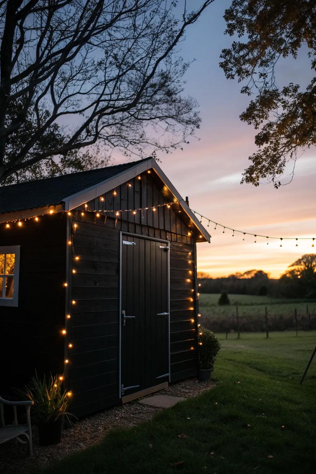 String lights add a magical glow to this black shed, perfect for nighttime charm.