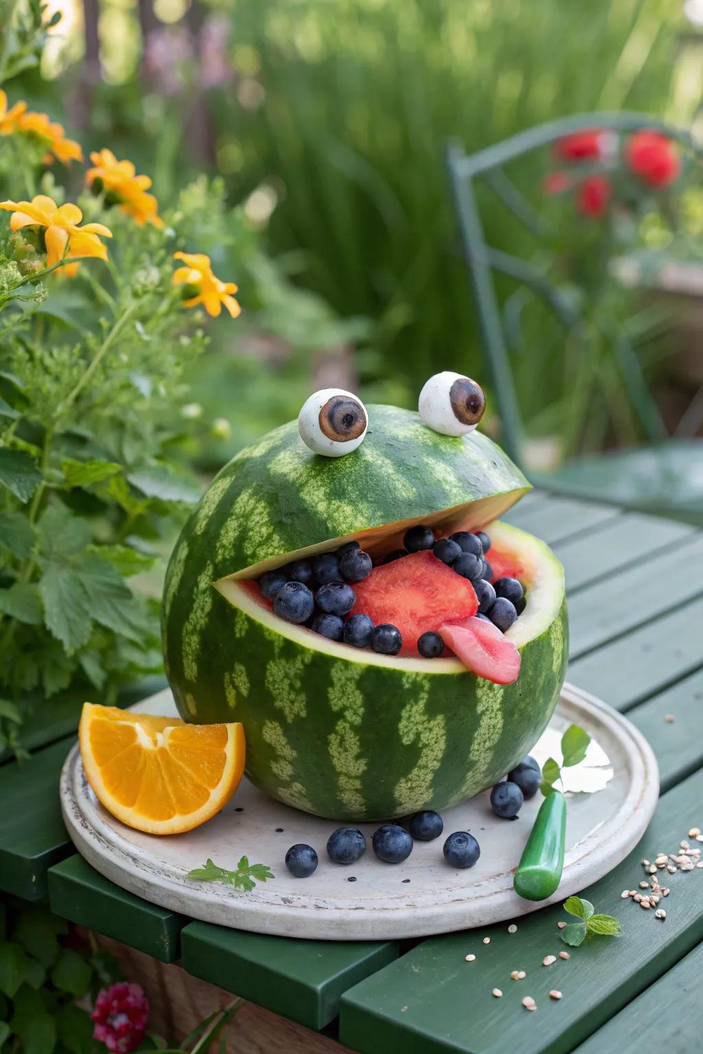 A charming frog-shaped watermelon display that adds a playful touch to any gathering.