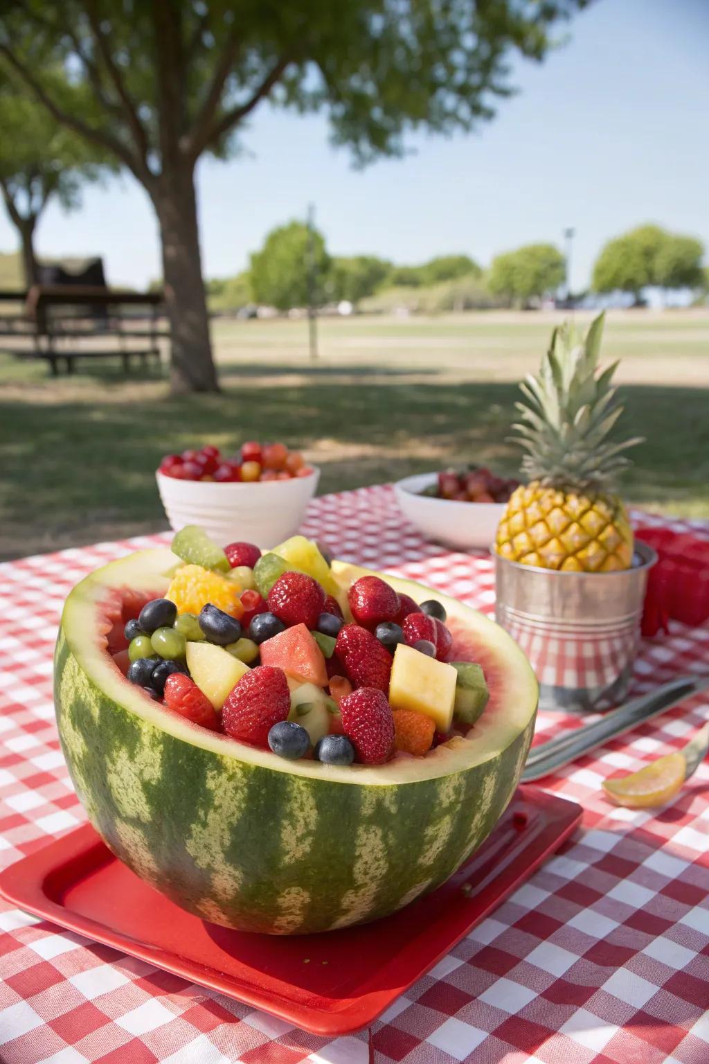 A refreshing watermelon fruit bowl brimming with colorful mixed fruits.