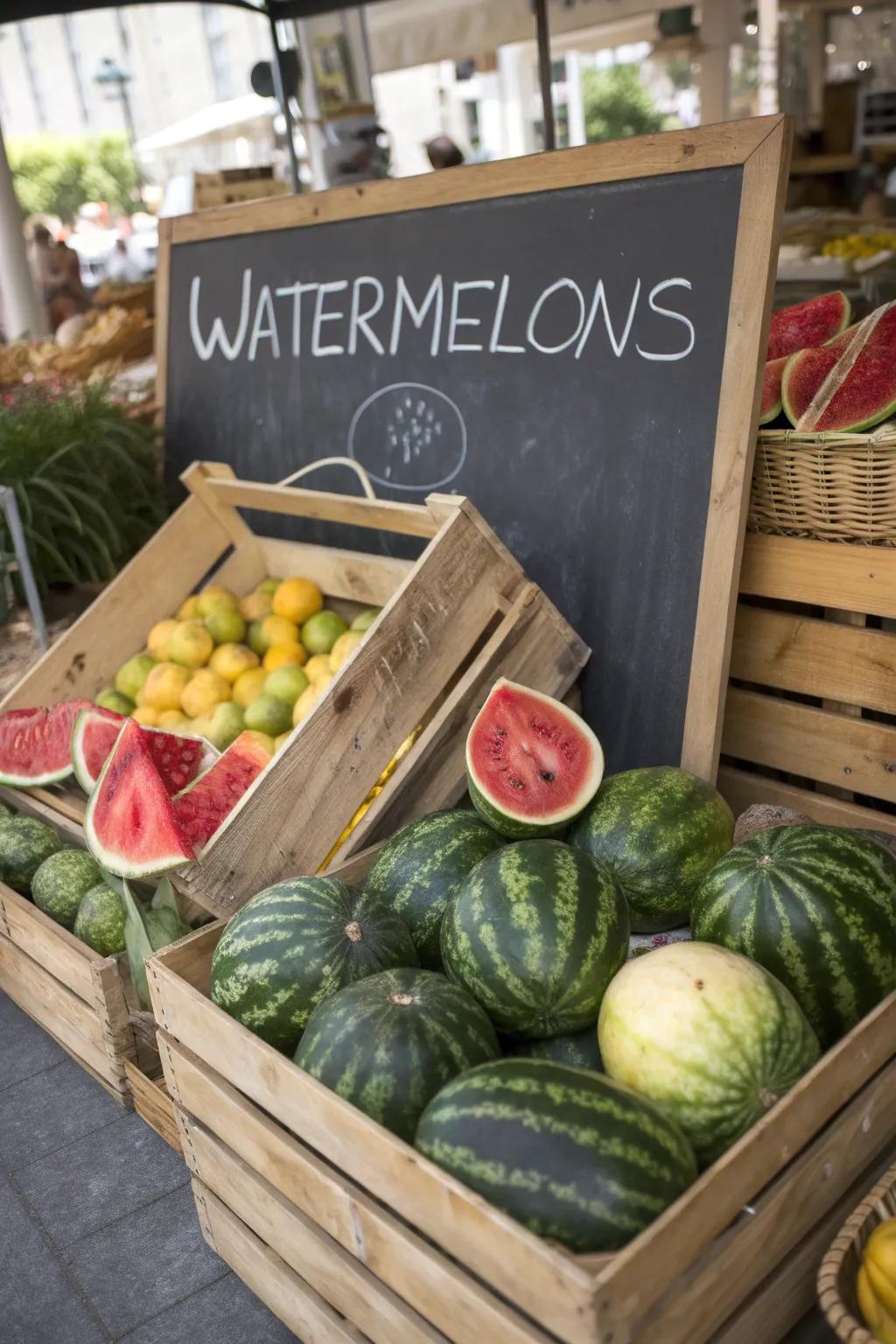 A rustic market stall display featuring beautifully arranged watermelons.