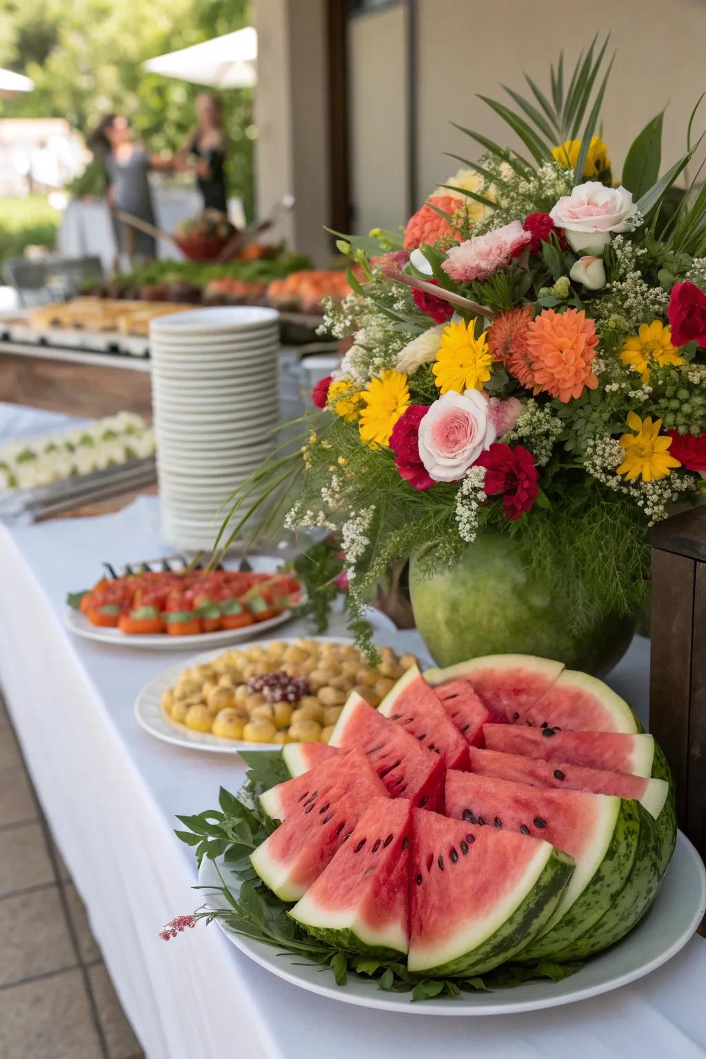 A stunning floral buffet arrangement with watermelons adding a pop of color.
