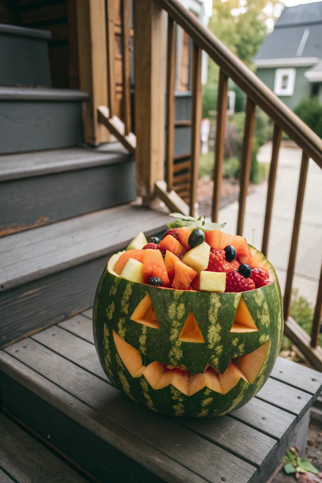 A spooky Halloween-themed watermelon carving filled with fruit.