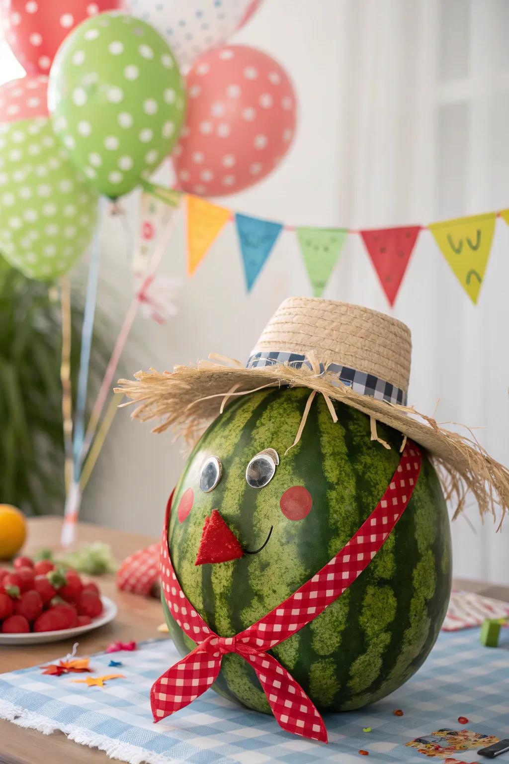 A whimsical scarecrow-themed watermelon decor perfect for seasonal celebrations.