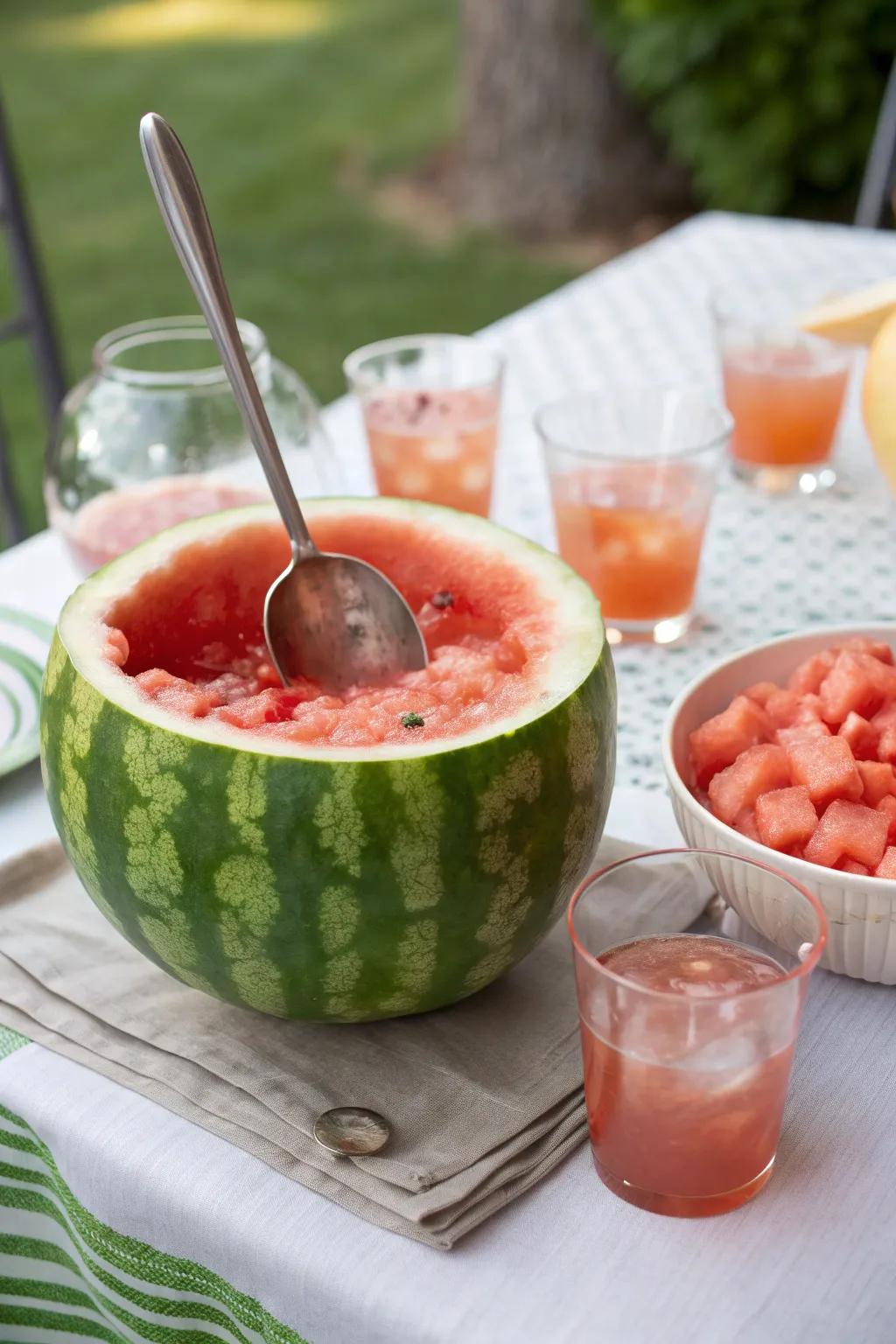 A festive watermelon boat for serving punch, perfect for summer gatherings.