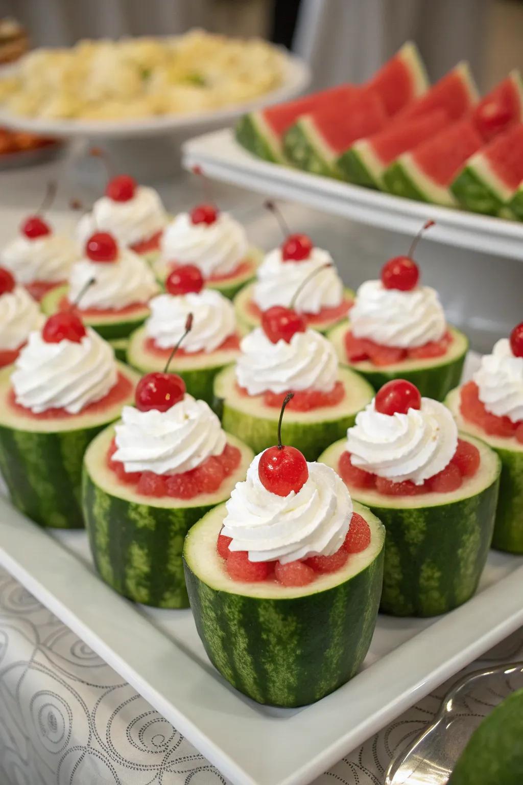 Adorable mini watermelon cupcakes that offer a healthy, sweet treat.