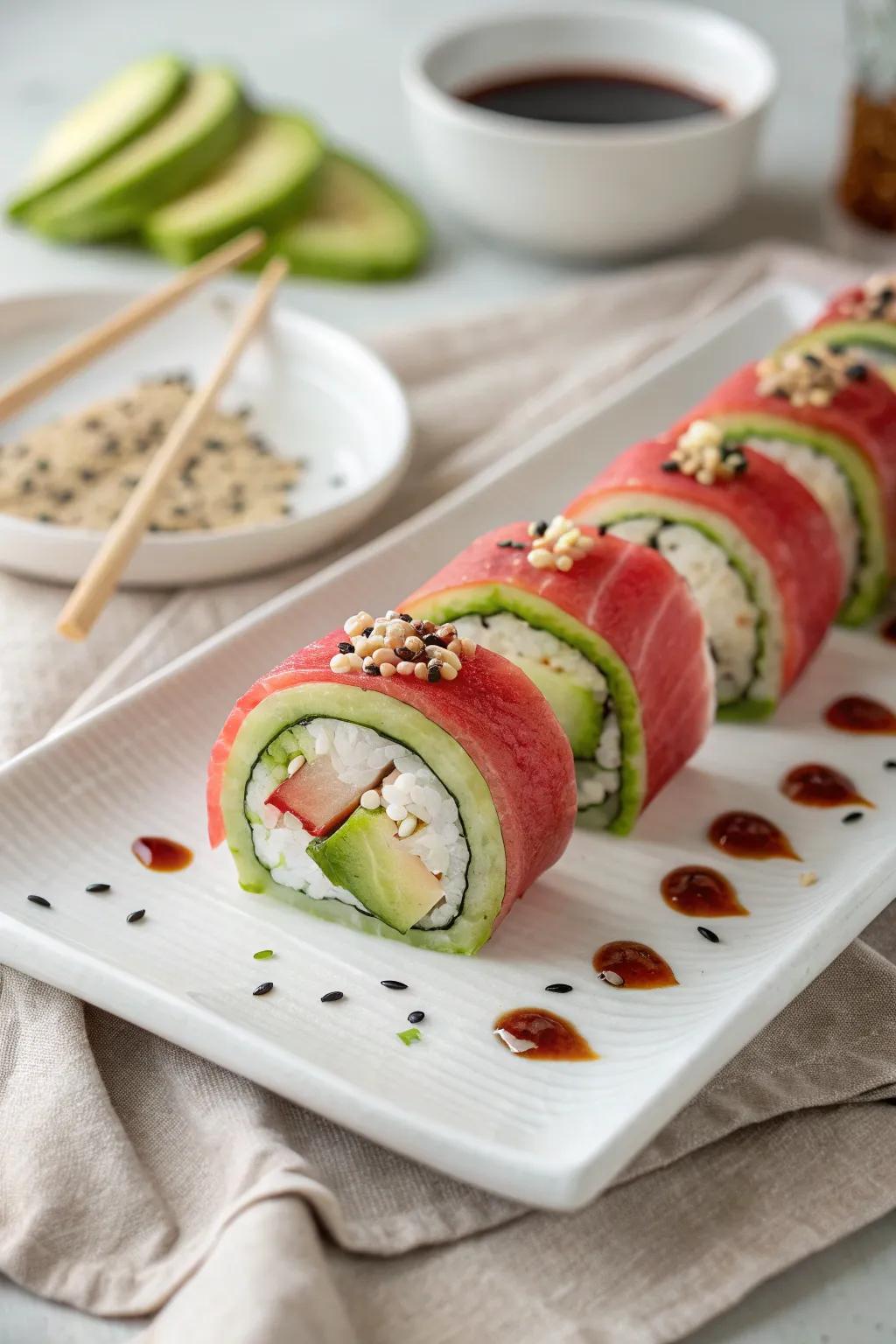 Refreshing watermelon sushi rolls that offer a unique twist on traditional sushi.