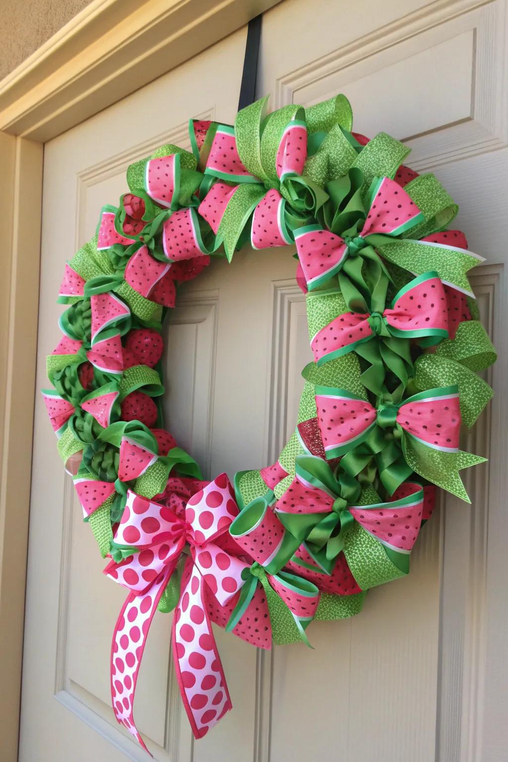 A whimsical wreath crafted from ribbons, adding a playful touch to summer decor.