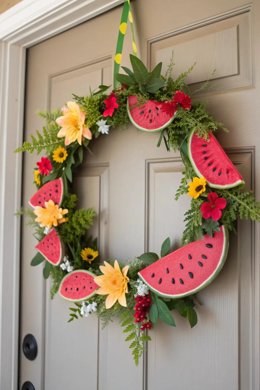 A vibrant mix of watermelon slices and florals that brings a garden-fresh look to your entryway.