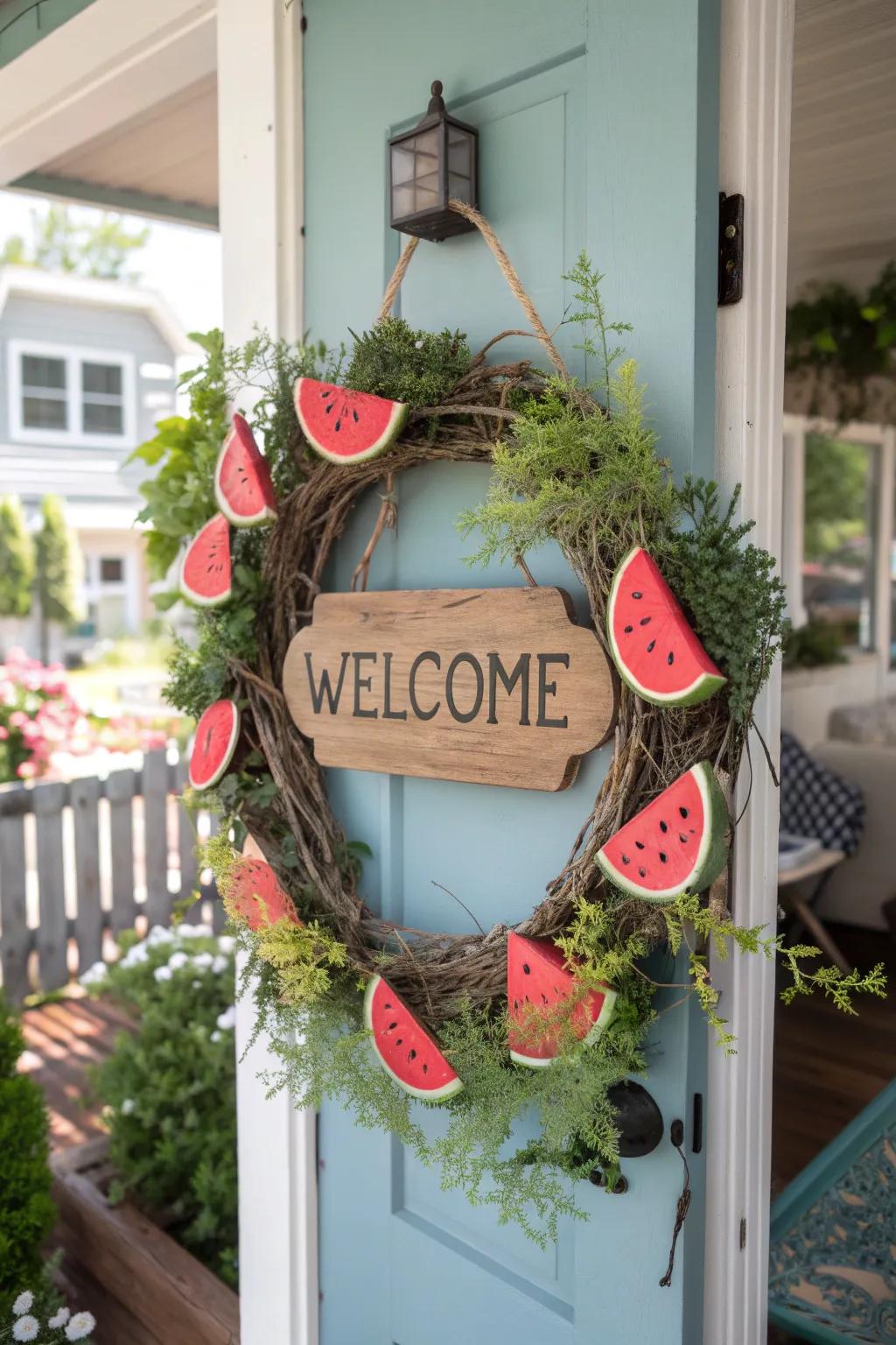 A warm and welcoming wreath that greets guests with rustic charm and summer flair.