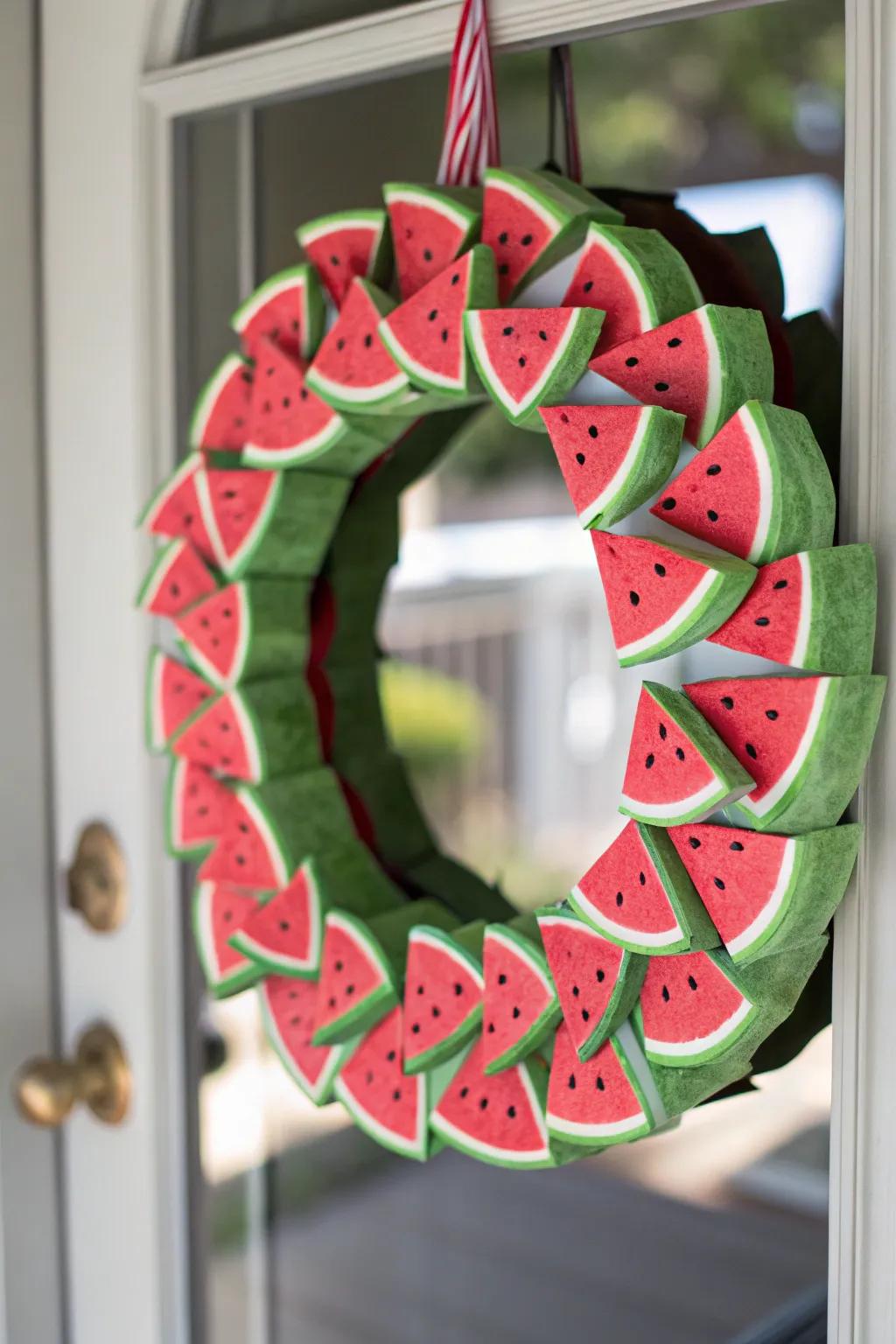 A fun and layered wreath featuring a garland of mini watermelons, perfect for summer cheer.