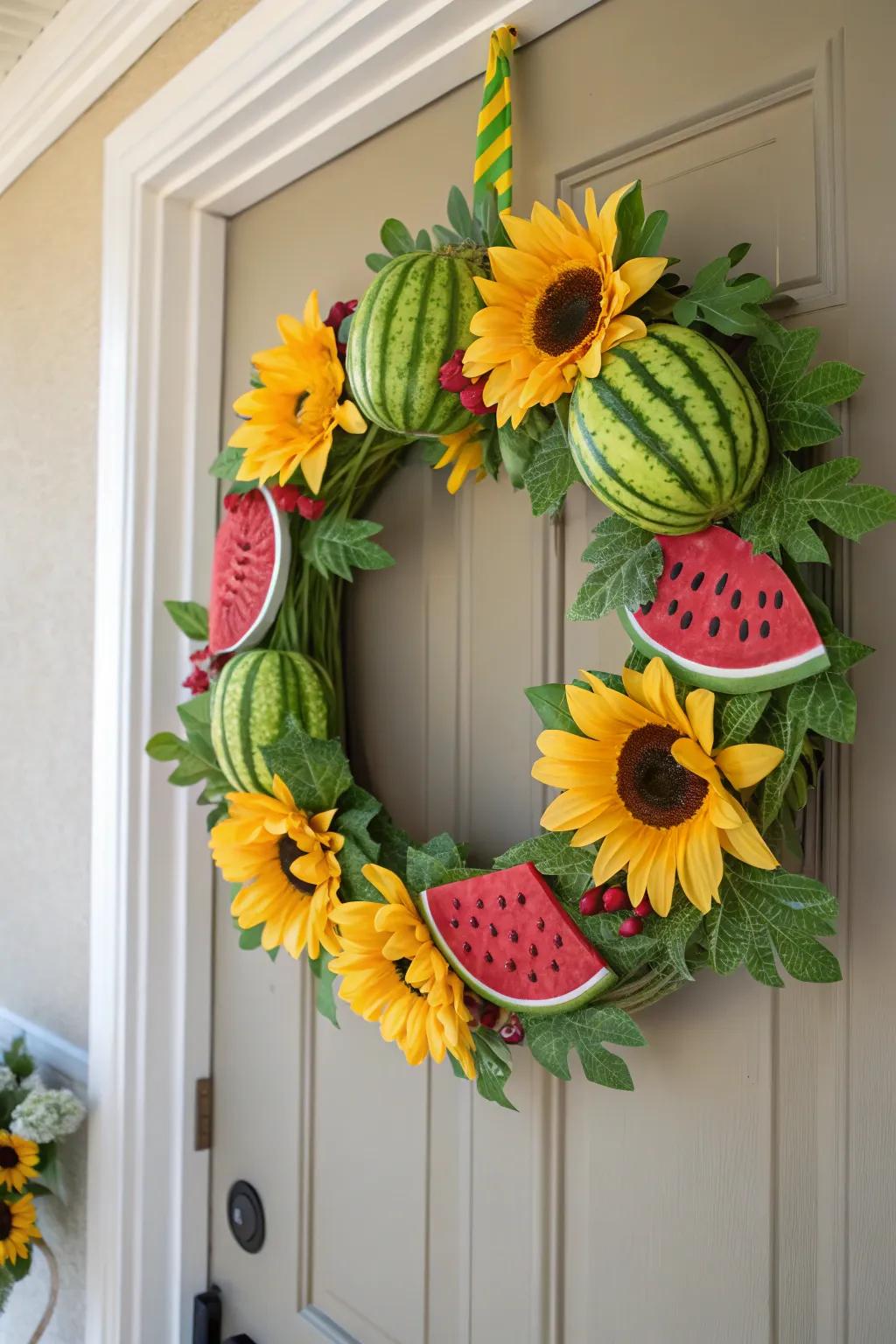 A sunny wreath that combines the warmth of sunflowers with the sweetness of watermelon.