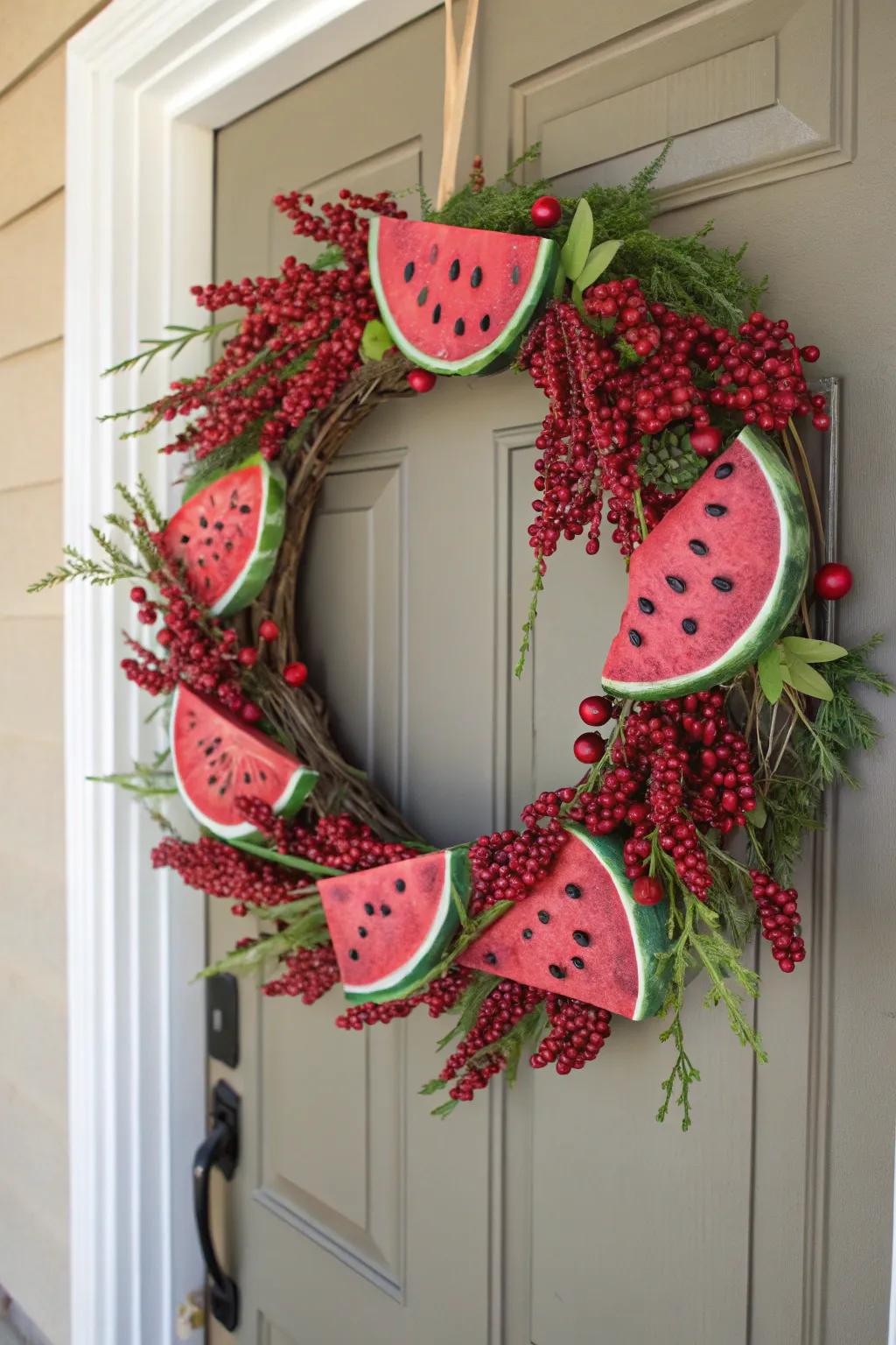 A sweet fusion of watermelon and berries, creating a deliciously vibrant wreath.