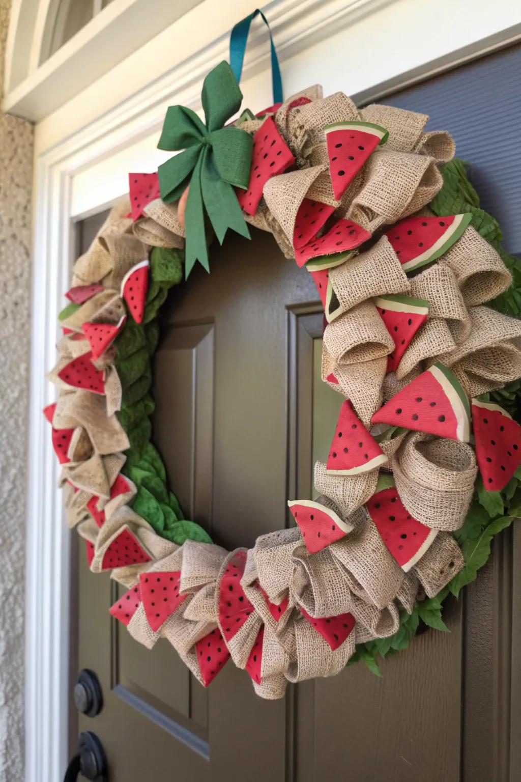 A textured and crafty wreath woven with fabric and faux watermelon elements.