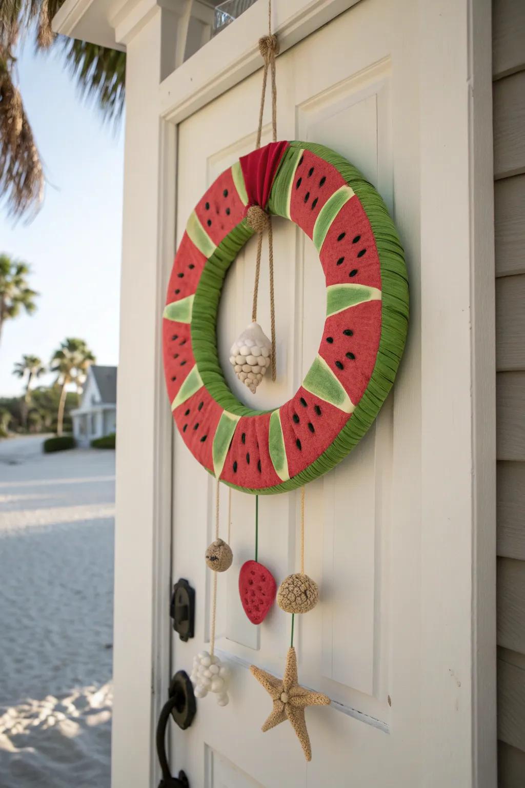 A beachy wreath that combines watermelon and seashells for a fresh coastal feel.
