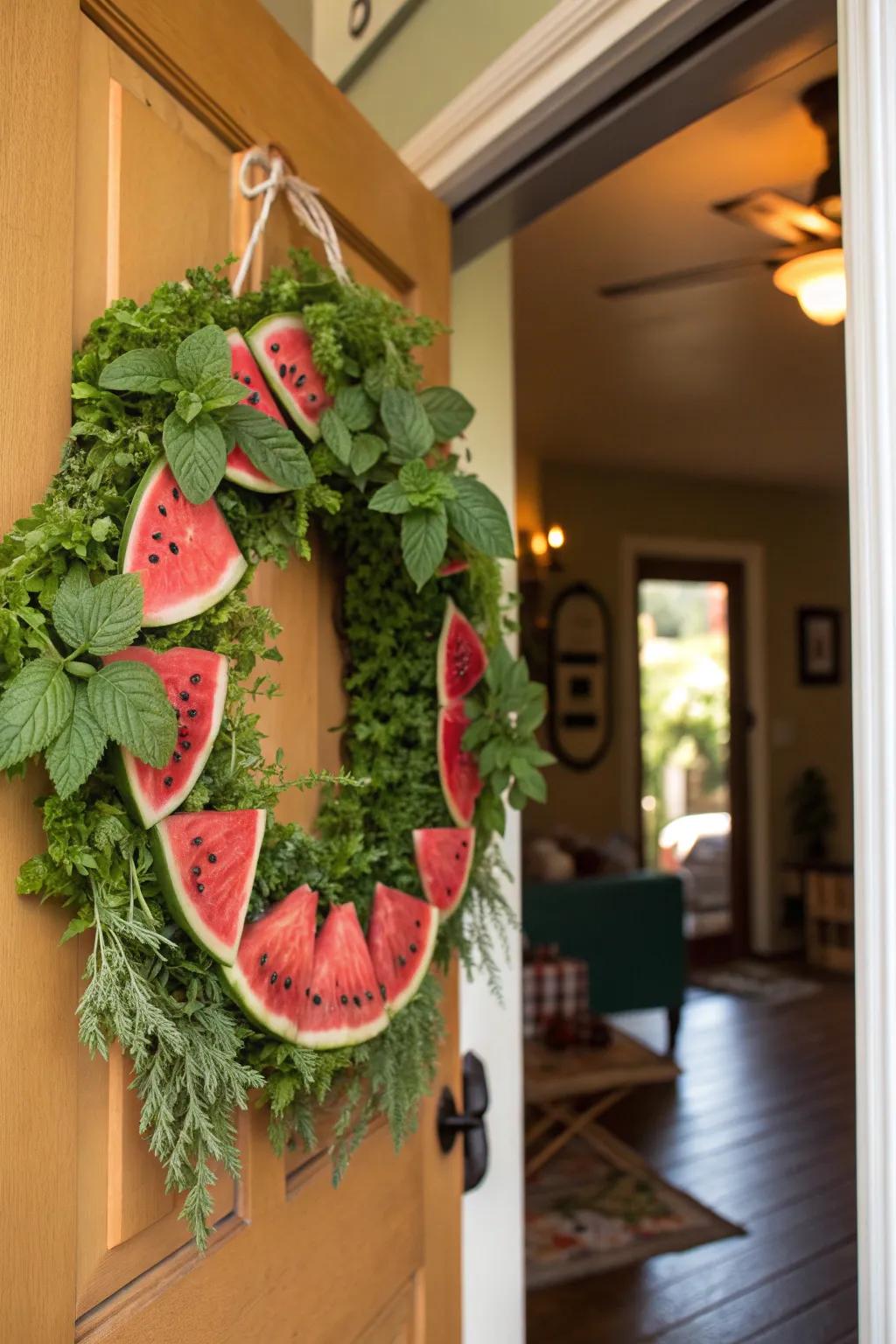 A fragrant wreath combining watermelon motifs with fresh herbs, perfect for a garden-inspired touch.