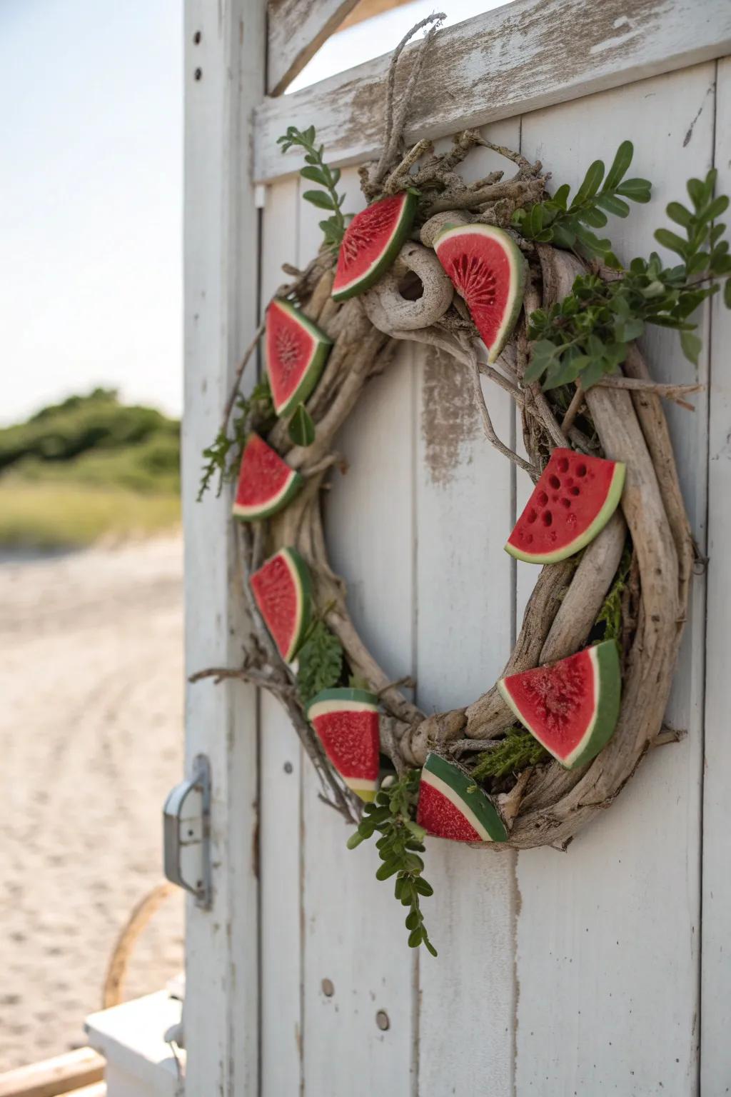 A rustic wreath with driftwood and watermelon accents, evoking the charm of coastal living.