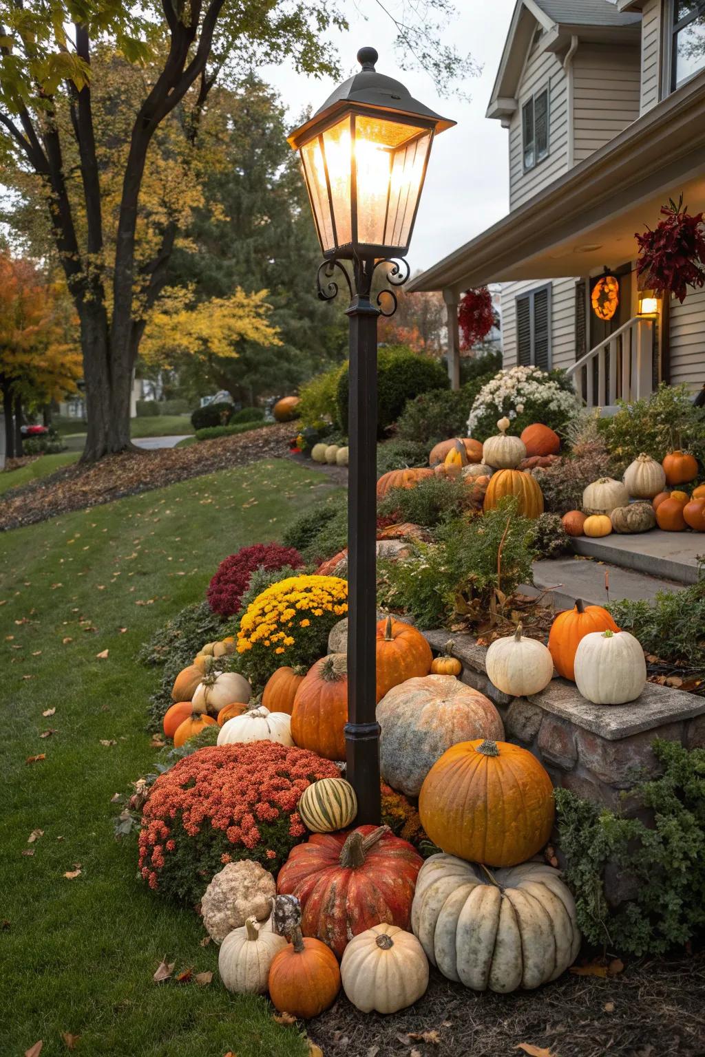 Create a warm fall welcome with pumpkins at the base of your lamp post.