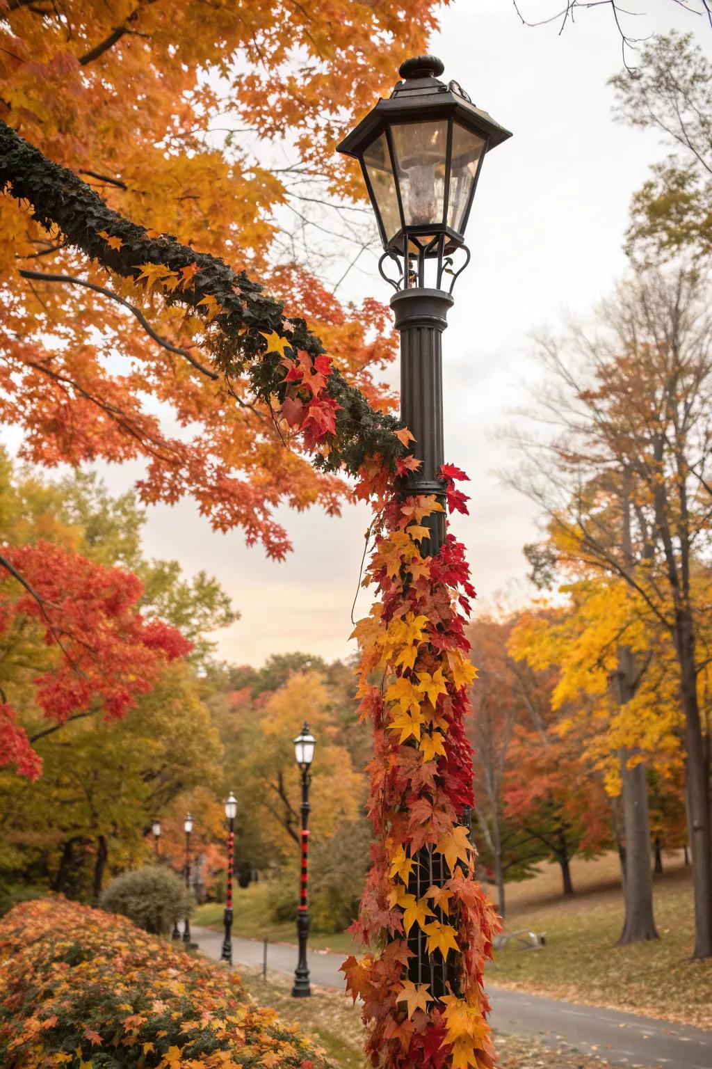 A fall leaf garland adds a classic autumn touch to your lamp post.