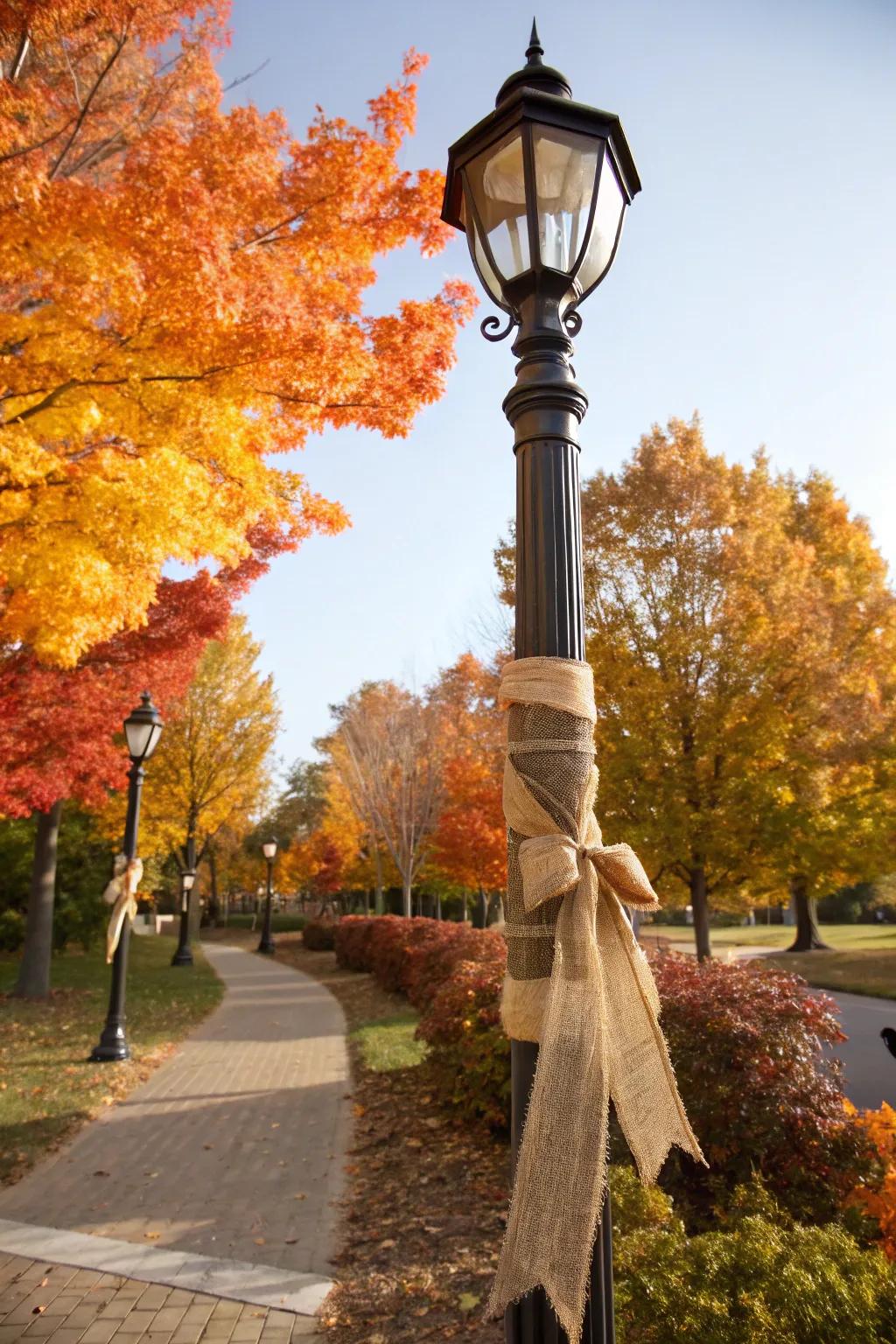 Rustic ribbons bring a touch of elegance to your lamp post décor.