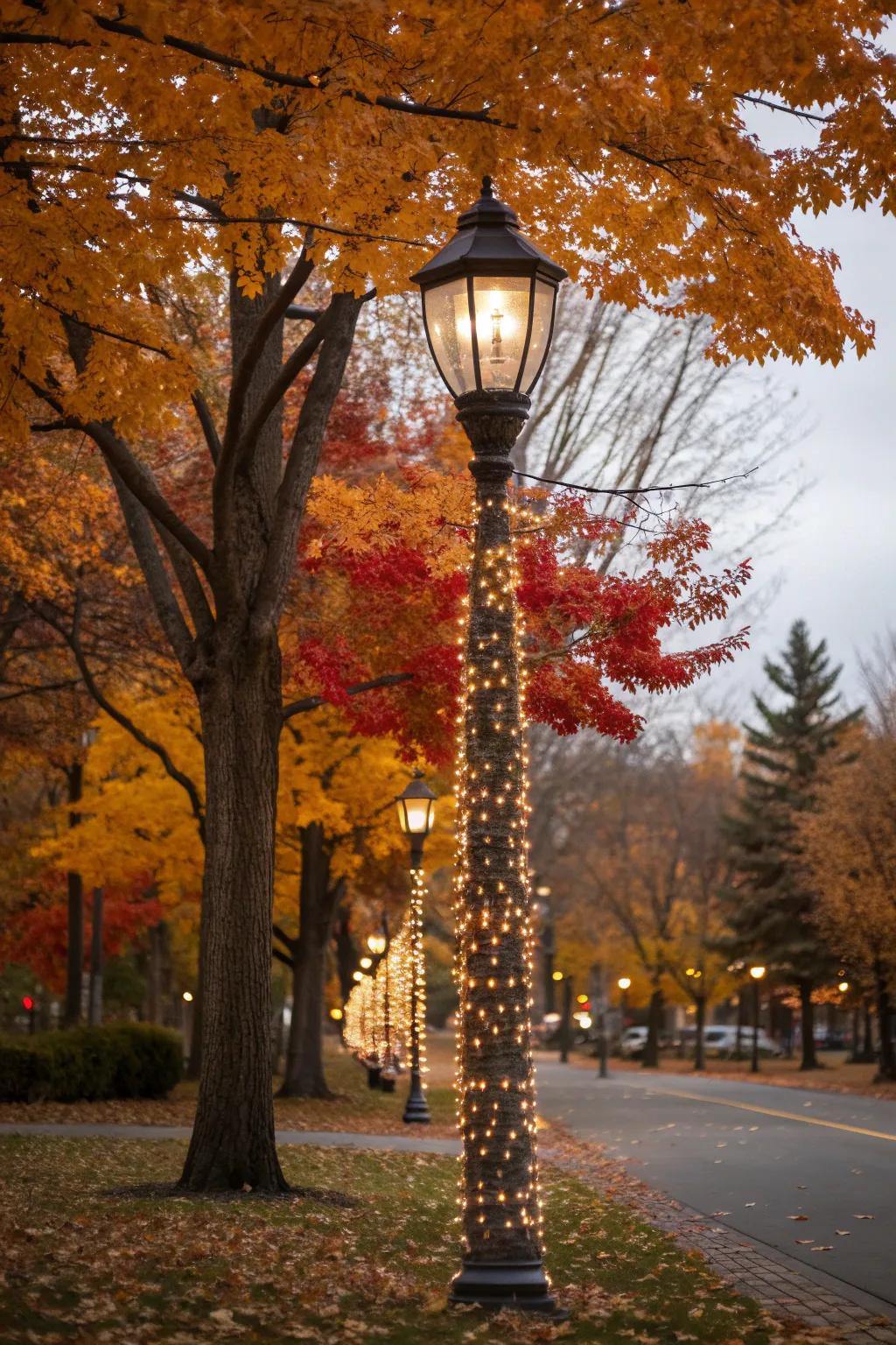 Twinkle lights add a magical glow to your fall lamp post décor.