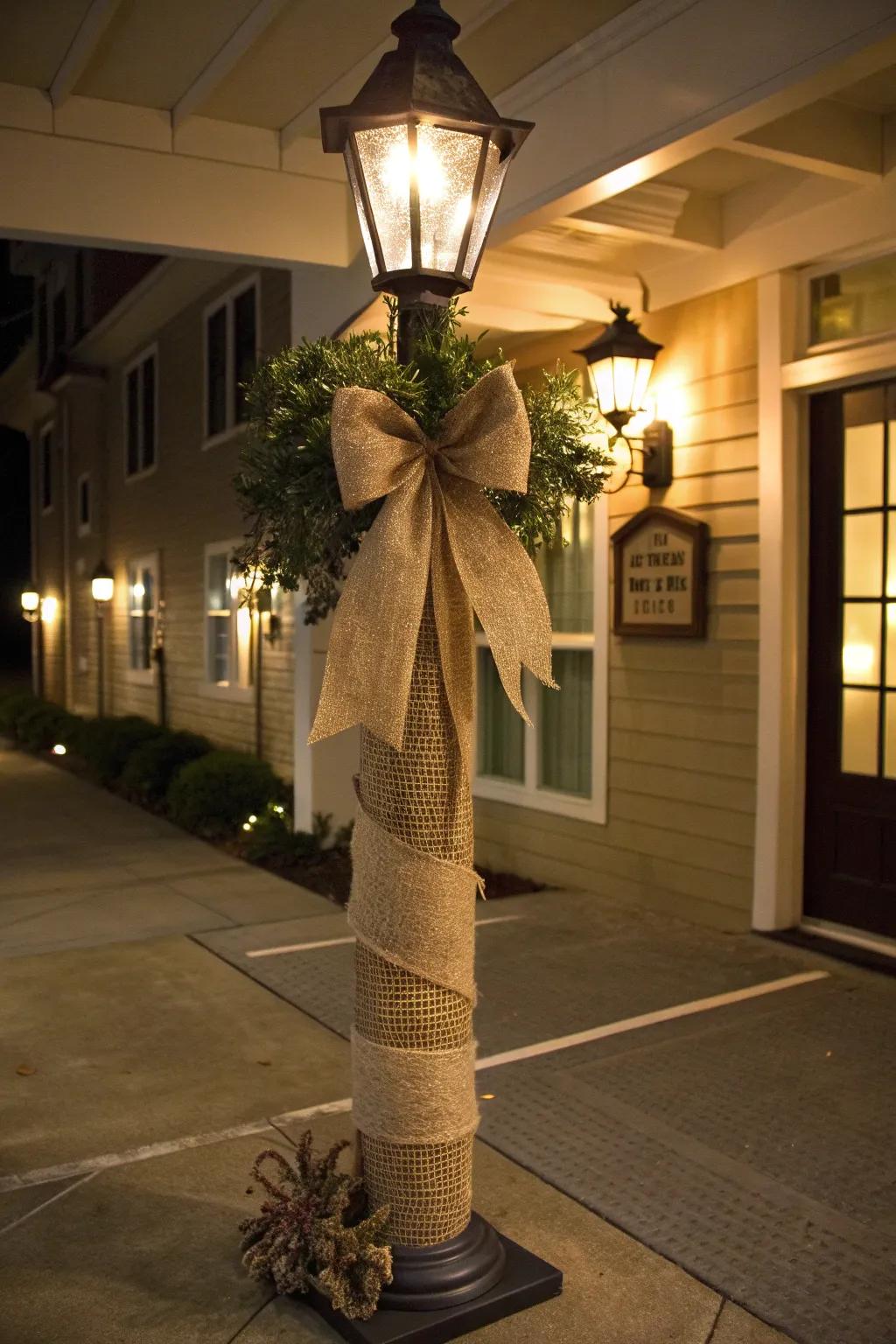Burlap and bows create a charming, rustic look for your lamp post.