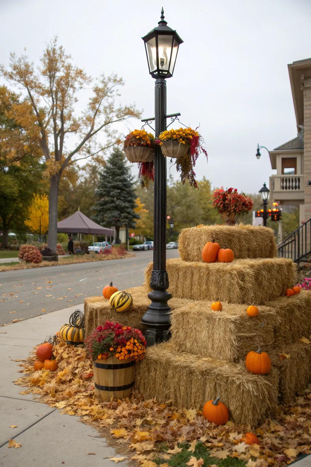 Layered hay bales add dimension and a rustic feel to your display.