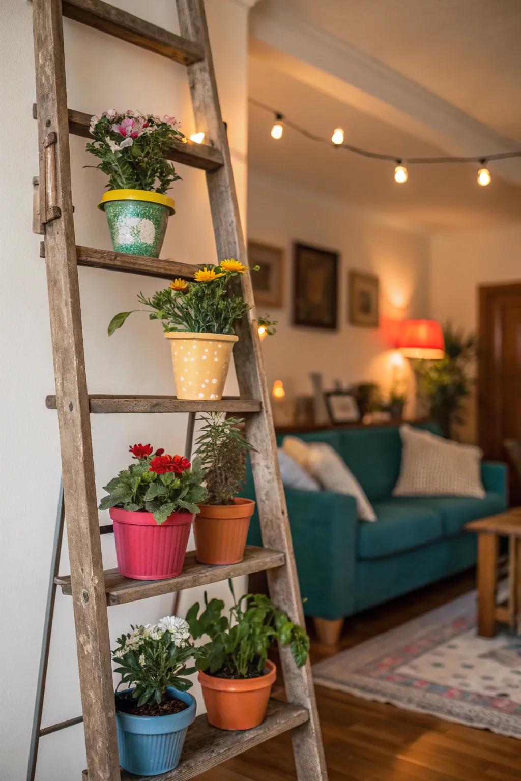 A rustic ladder stand offers a unique way to display plants.