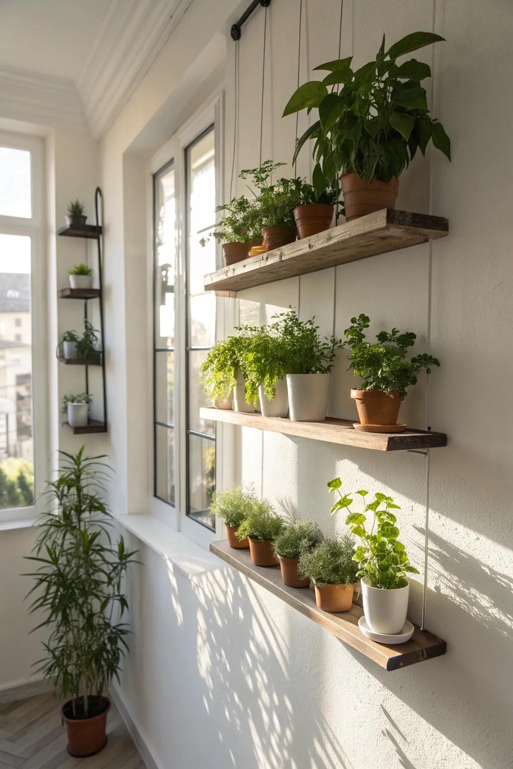 Floating shelves create a minimalistic plant display.