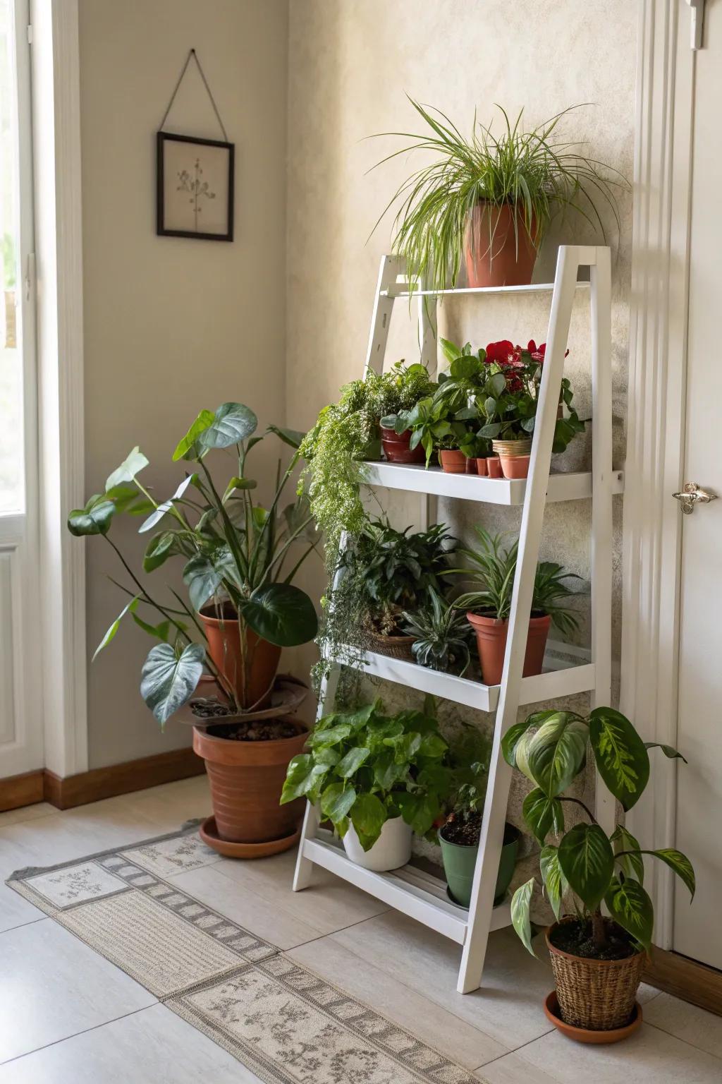 Corner plant stands make use of overlooked spaces.