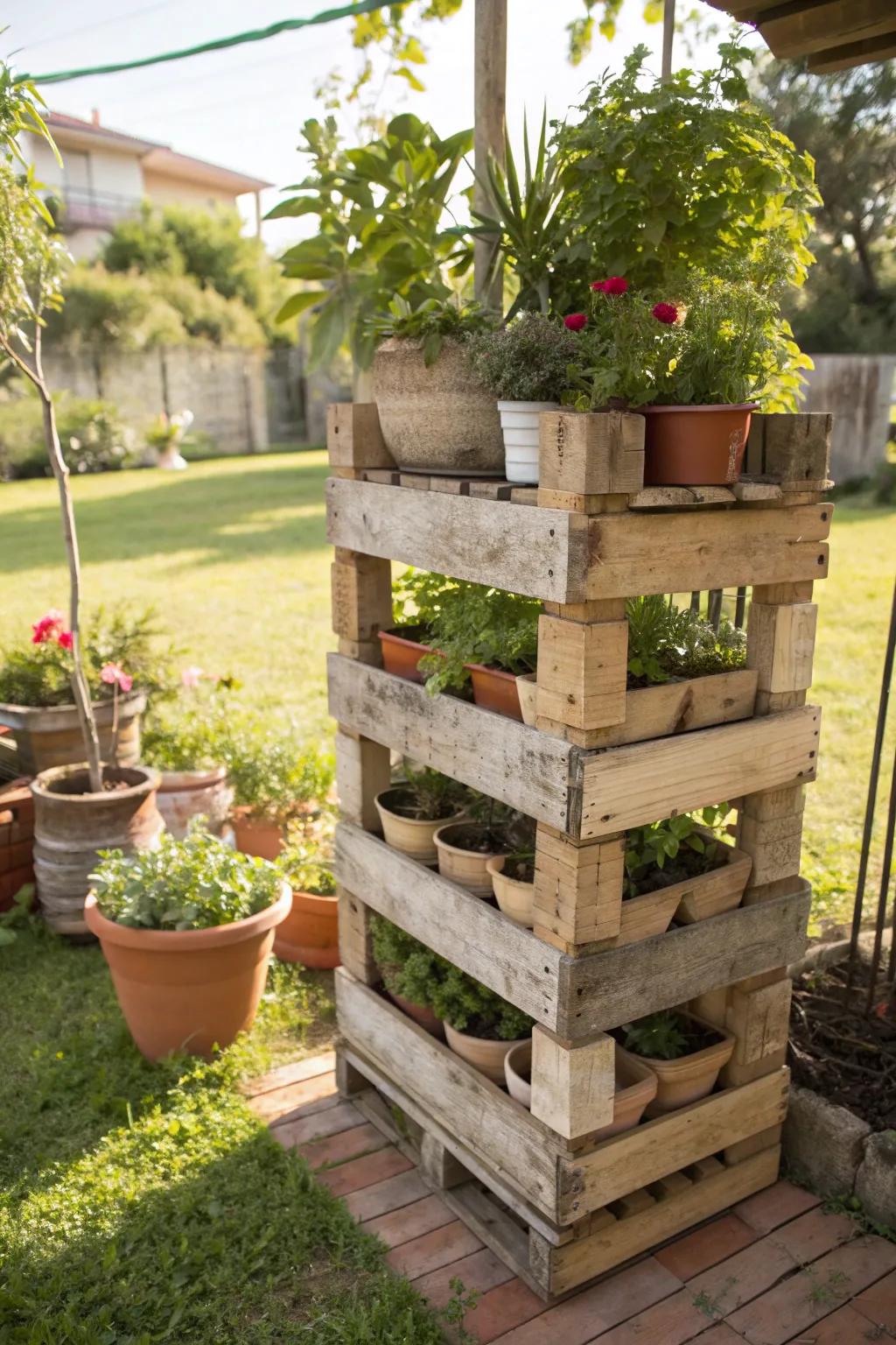 Pallet stands offer a rustic and eco-friendly plant display.