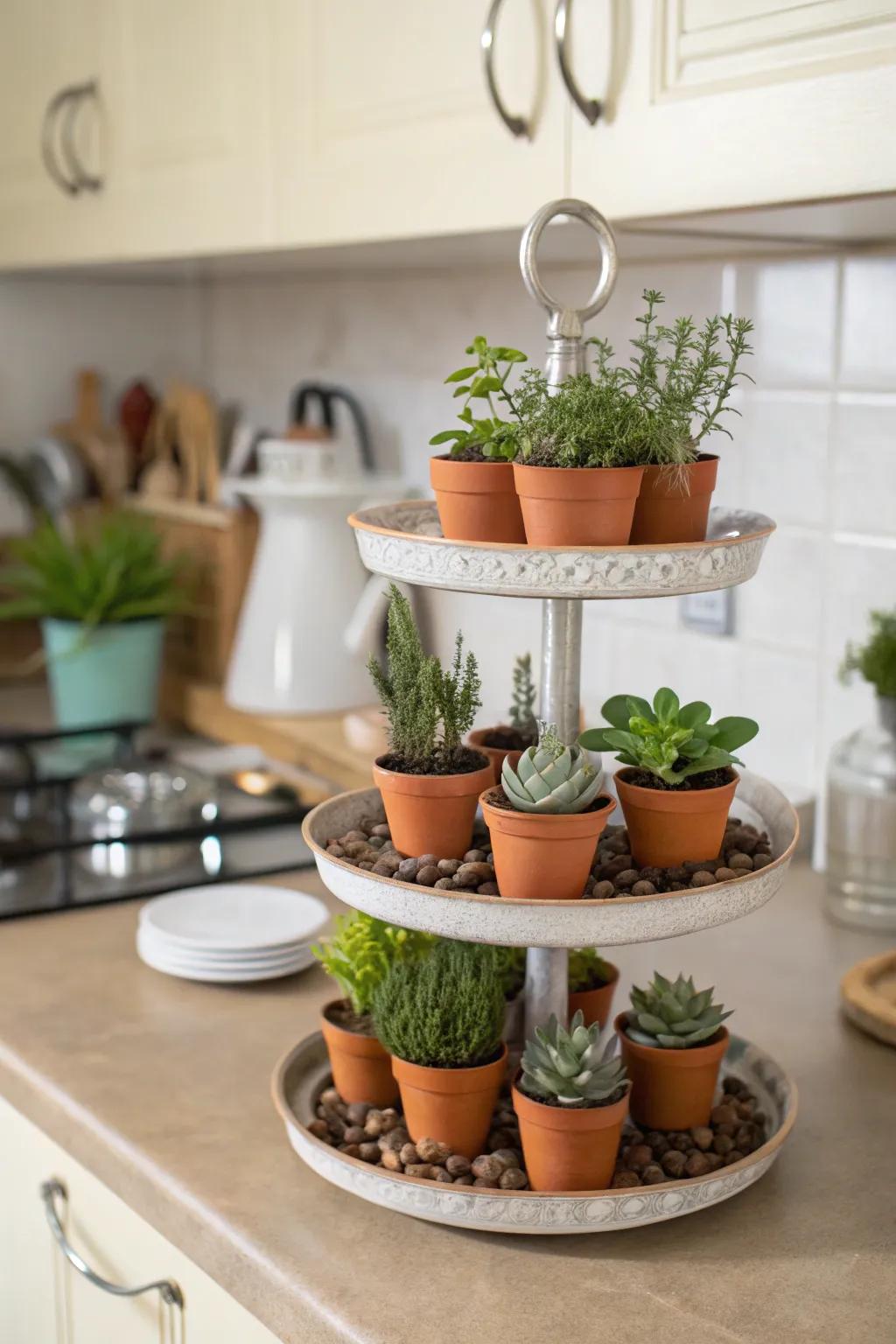 Tiered cake stands bring whimsy to plant displays.