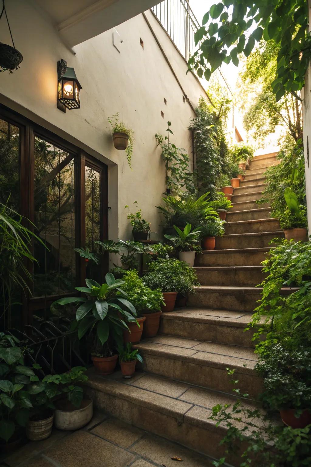 Staircase displays transform steps into a garden path.