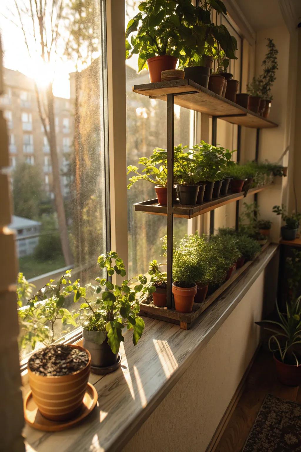 Window sill shelves offer a sunny spot for plants.