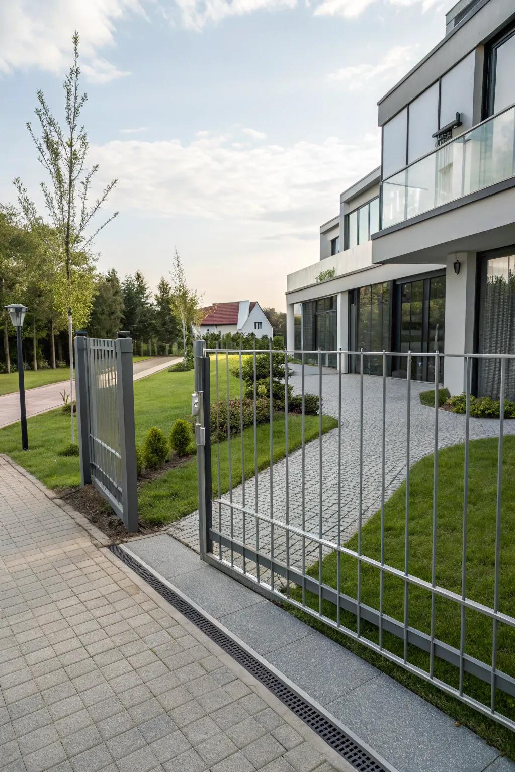 A modern metal gate adds a touch of elegance to any carport.