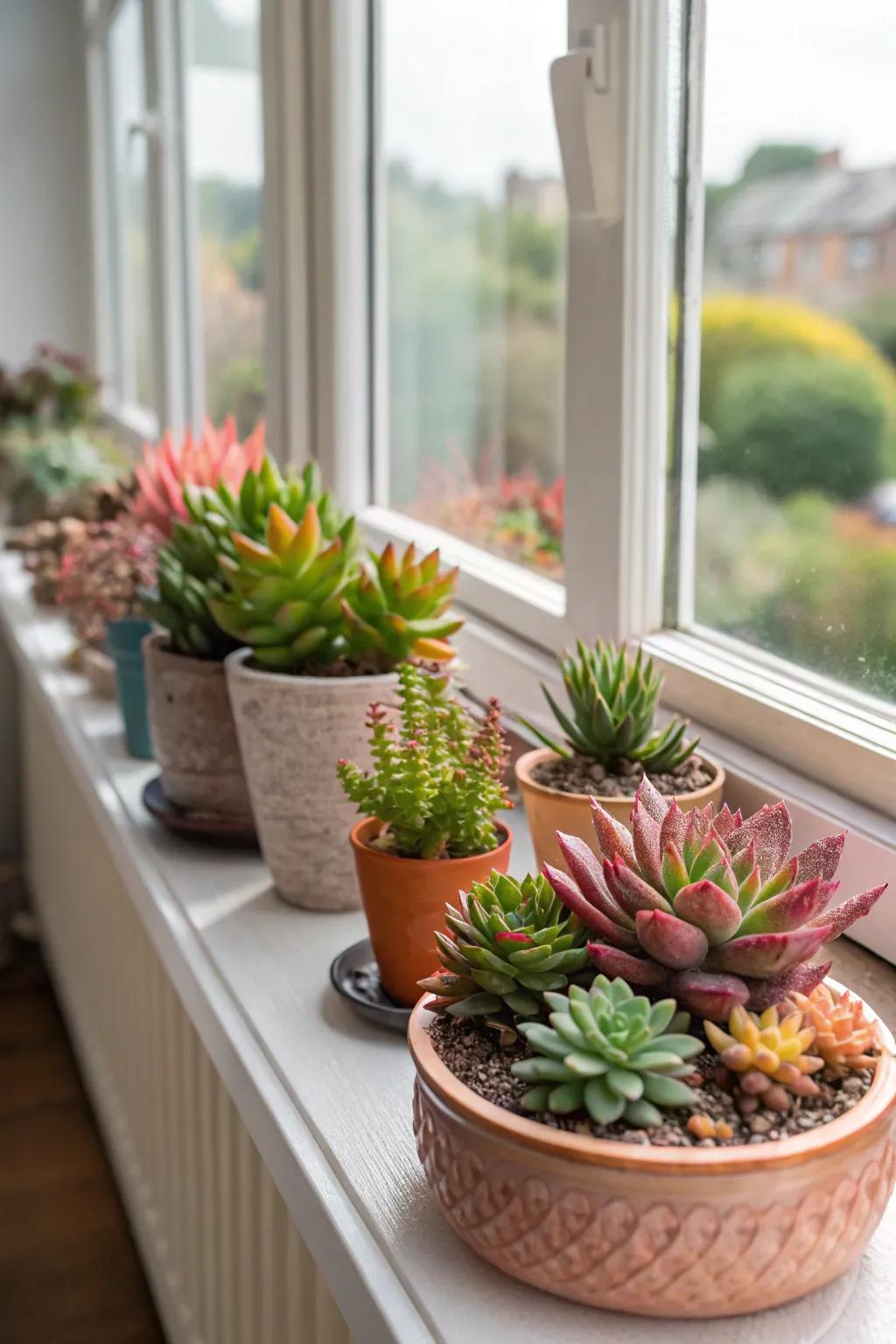 A bay window transformed into a low-maintenance succulent oasis.