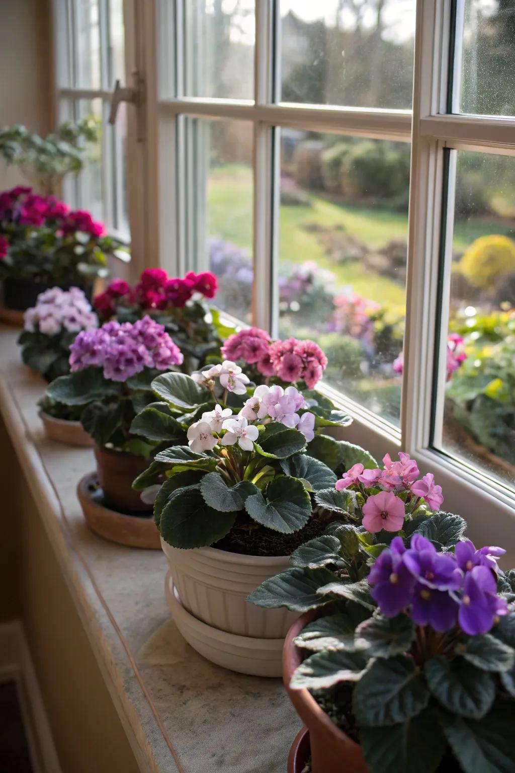 African Violets adding a pop of color to a bay window.