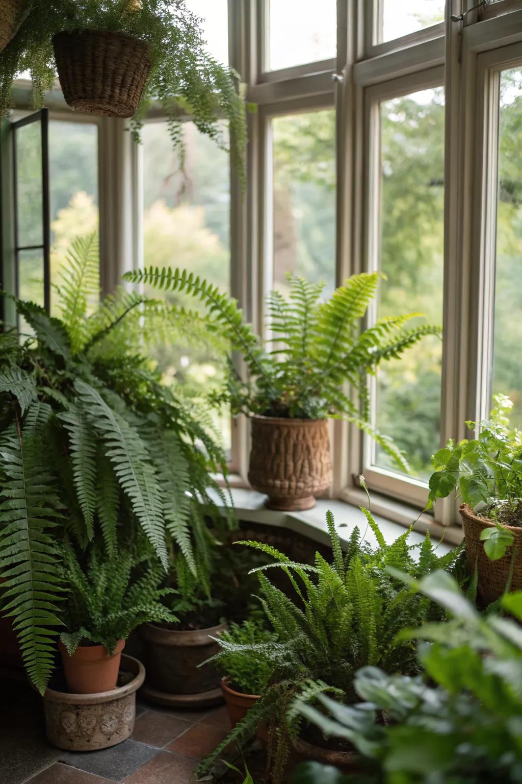 Ferns bring a lush, green touch to a sunlit bay window.