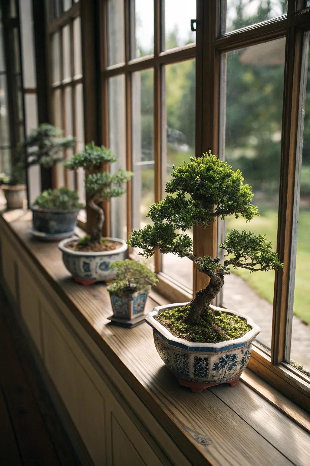 Miniature bonsai trees bring tranquility and elegance to a bay window.