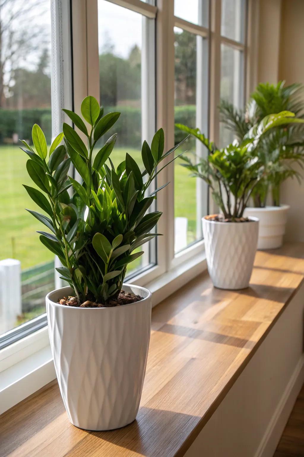 ZZ plants add sophistication and elegance to a bay window.