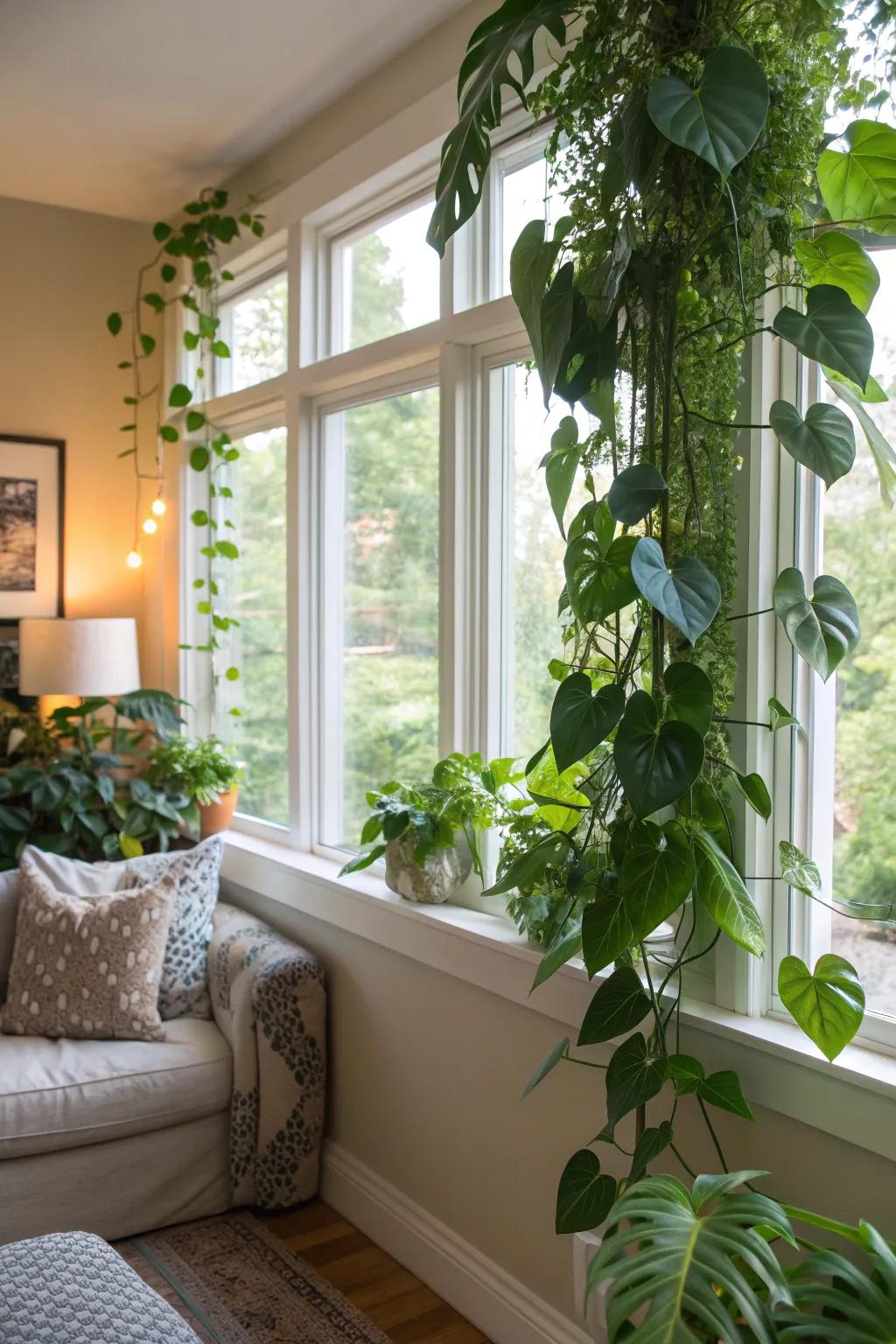 Philodendrons bring natural elegance to a bay window space.