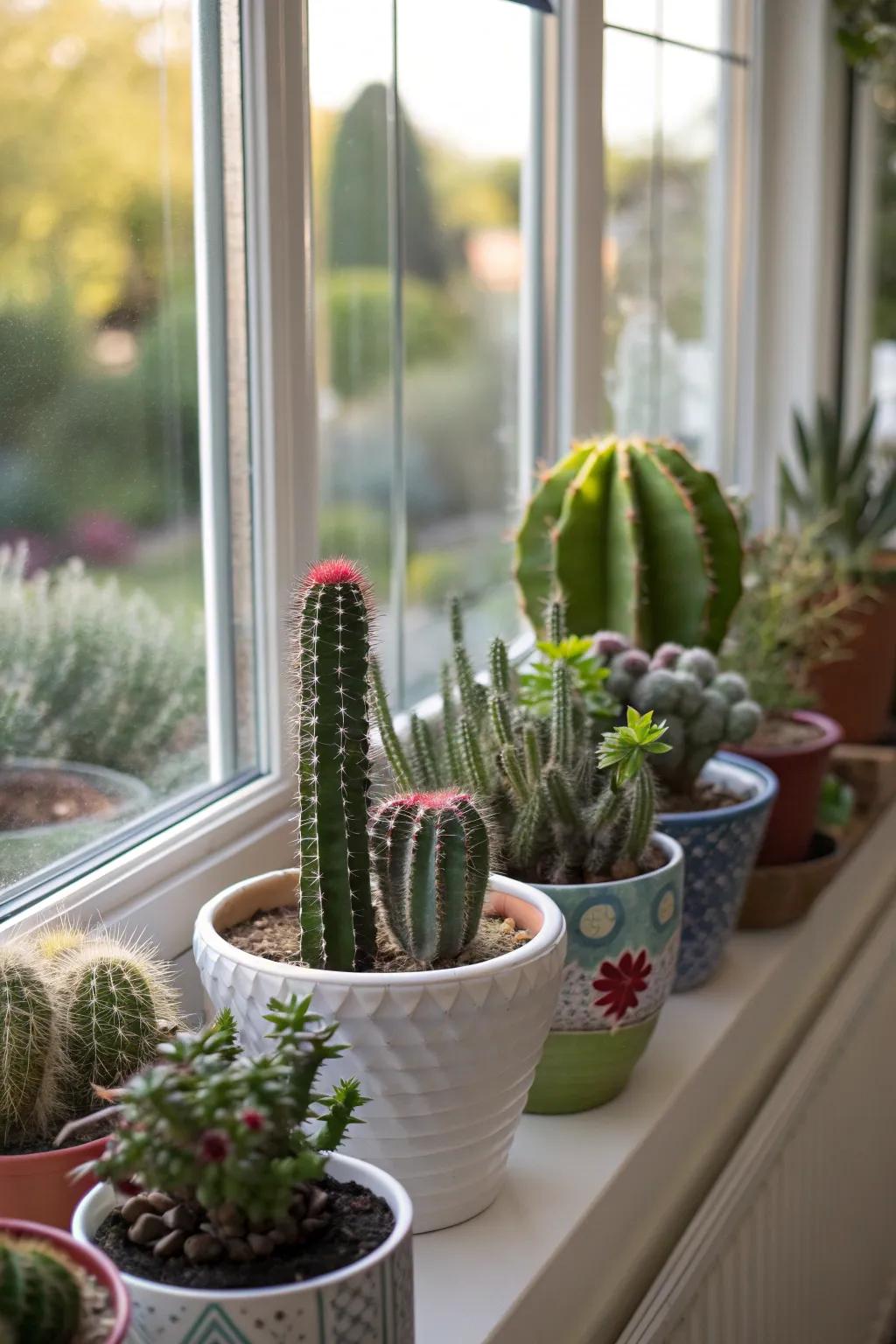 A cacti collection adds spiky charm and interest to a bay window.