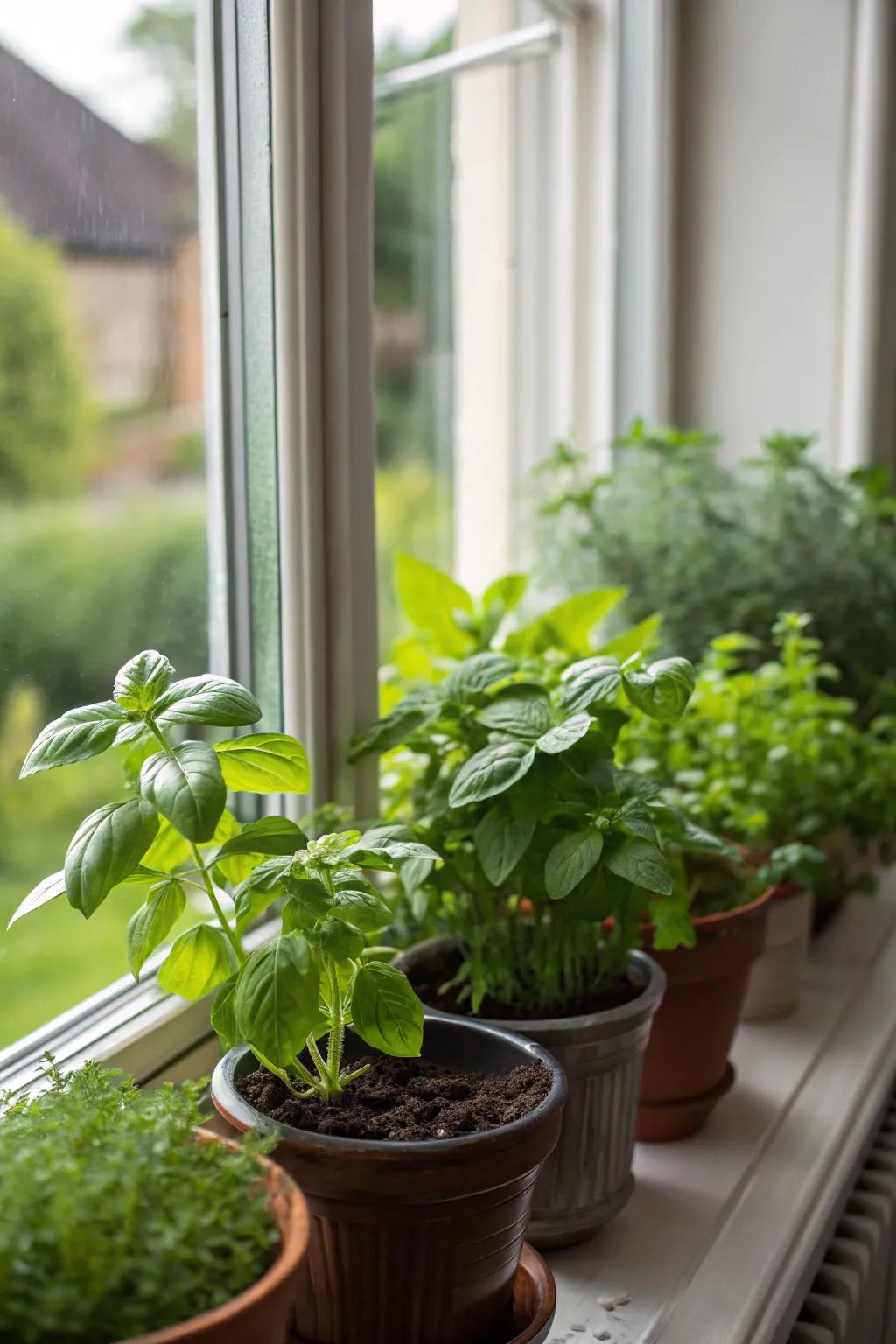 Basil and mint create a fragrant herb garden in a bay window.