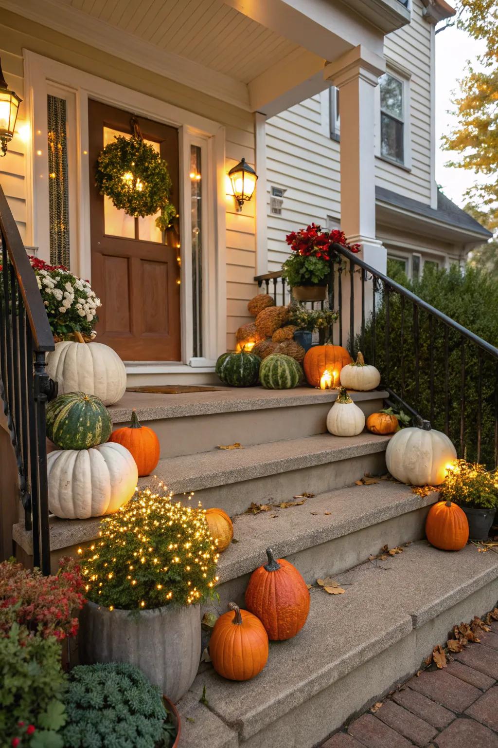 Pumpkins and gourds add a splash of color and warmth to your entrance.