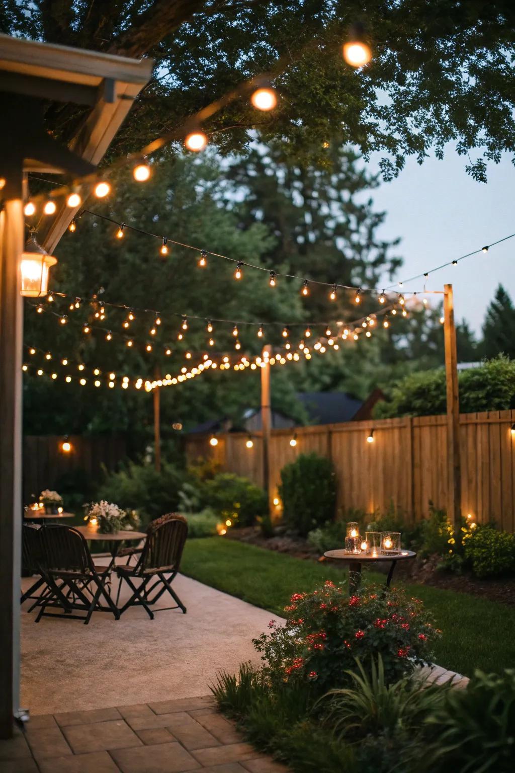 String lights create a magical and inviting atmosphere.