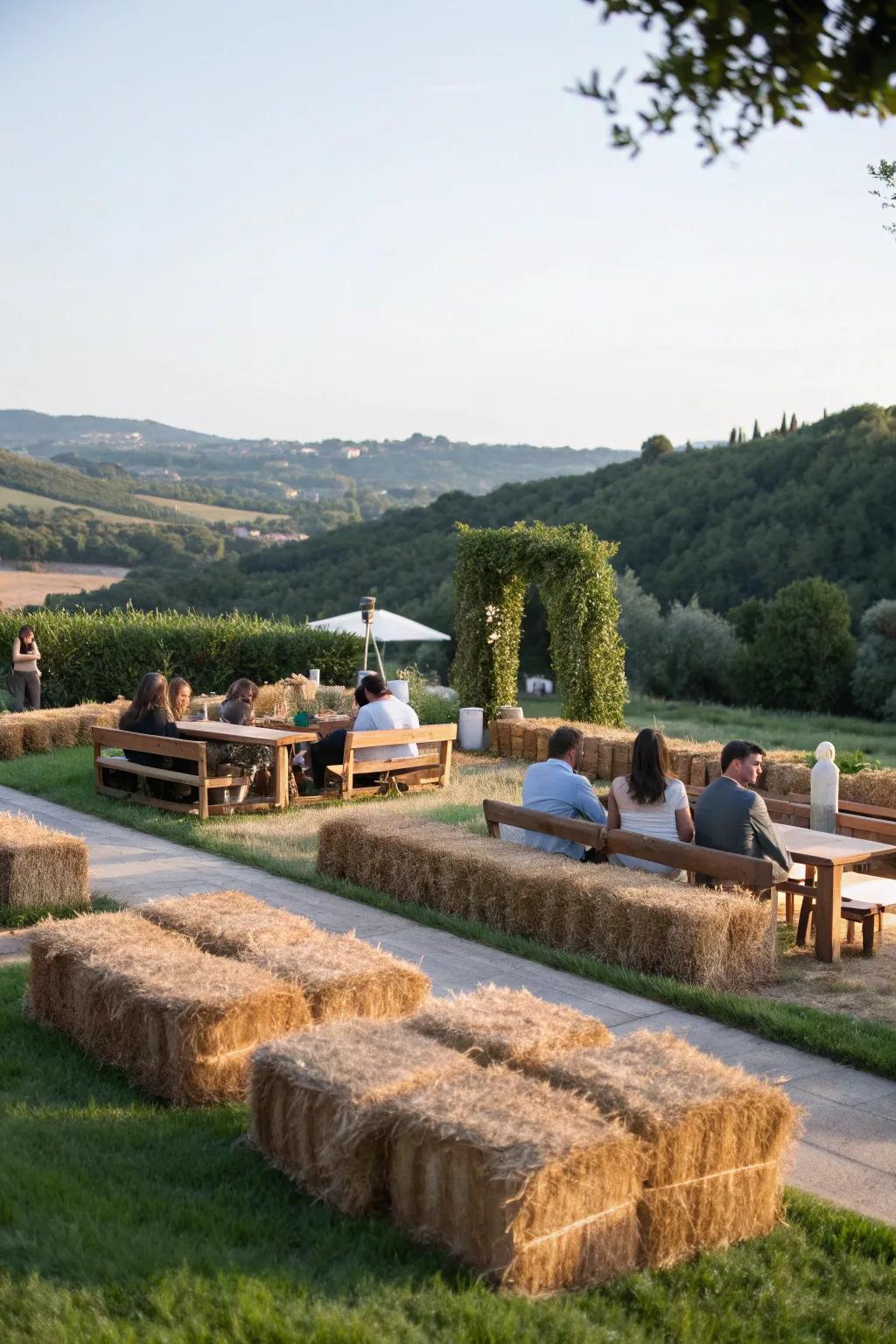 Hay bales offer rustic charm and functionality for outdoor seating.