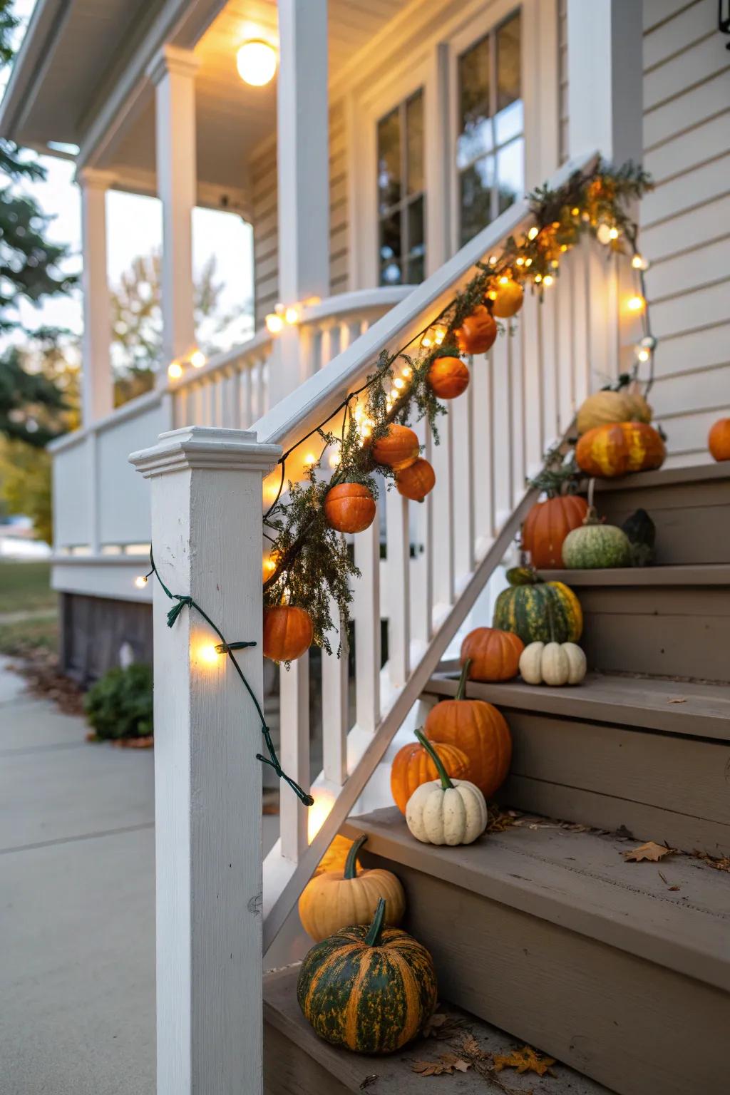 Gourd garlands add a festive touch to porch railings.