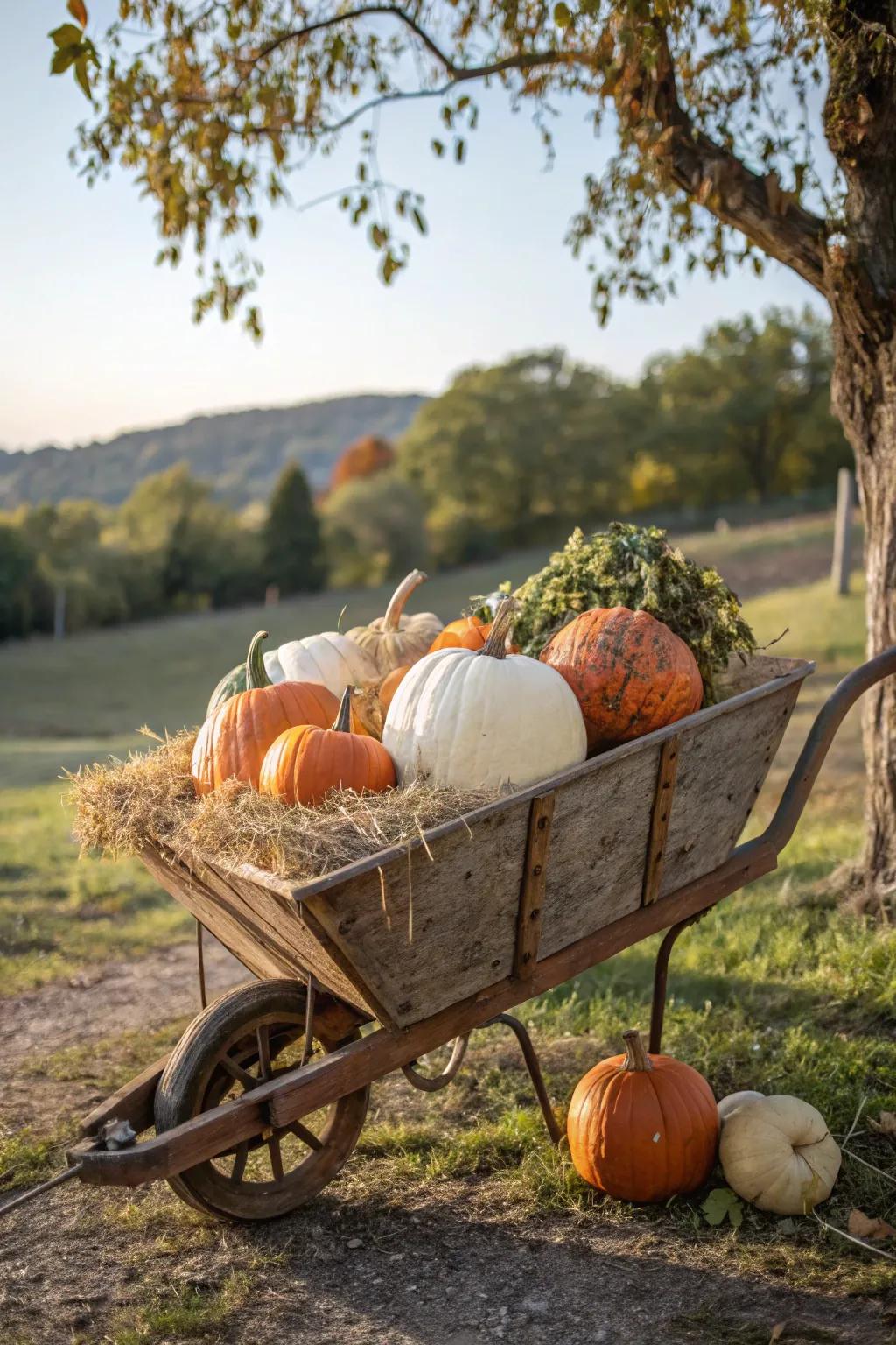 A wheelbarrow filled with harvest goods makes for a charming display.
