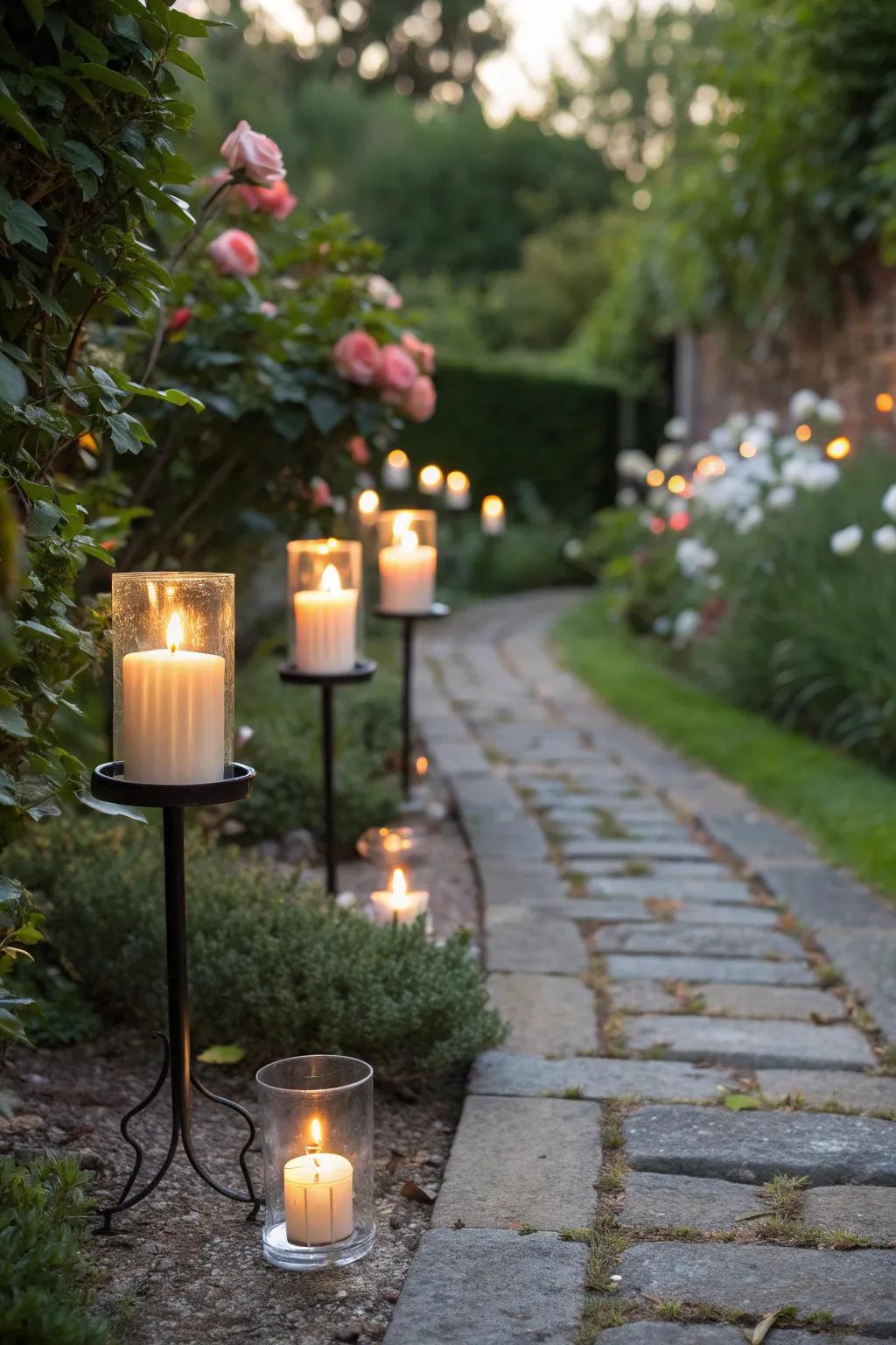 Candlelit pathways guide guests with a welcoming glow.