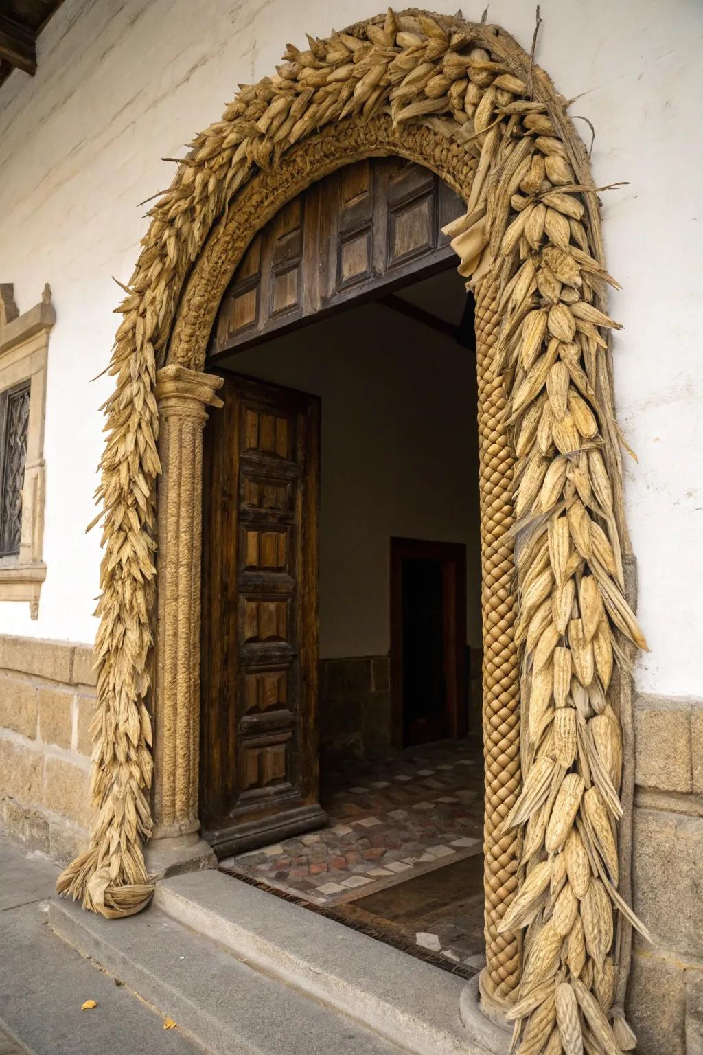 A harvest-themed door arch makes a stunning entrance.
