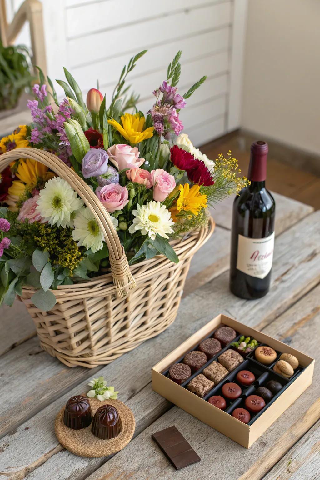 A flower and snack basket offers a delightful surprise.